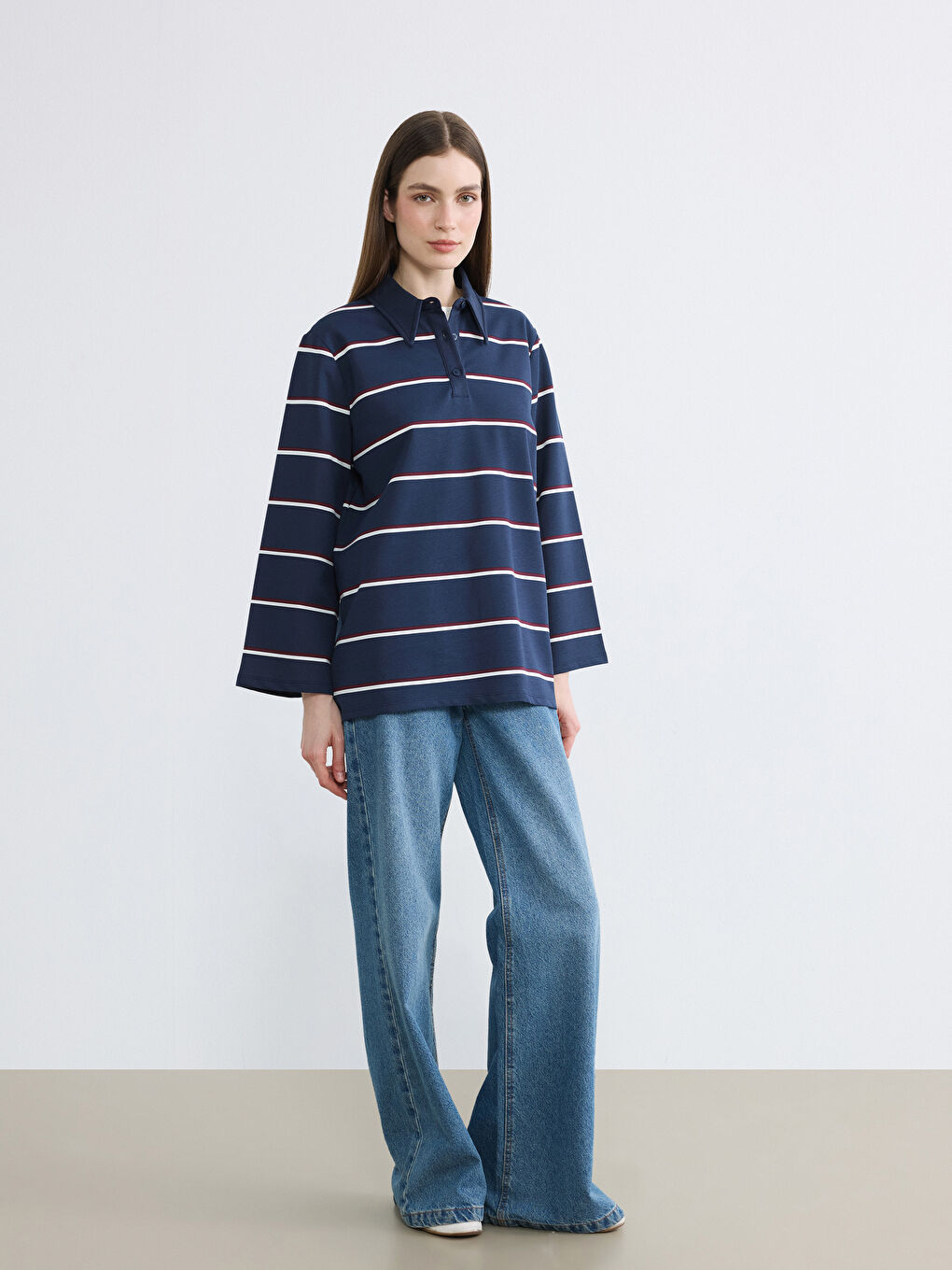 Lacivert Polo Yaka Çizgili Oversize Kadın Tunik-1