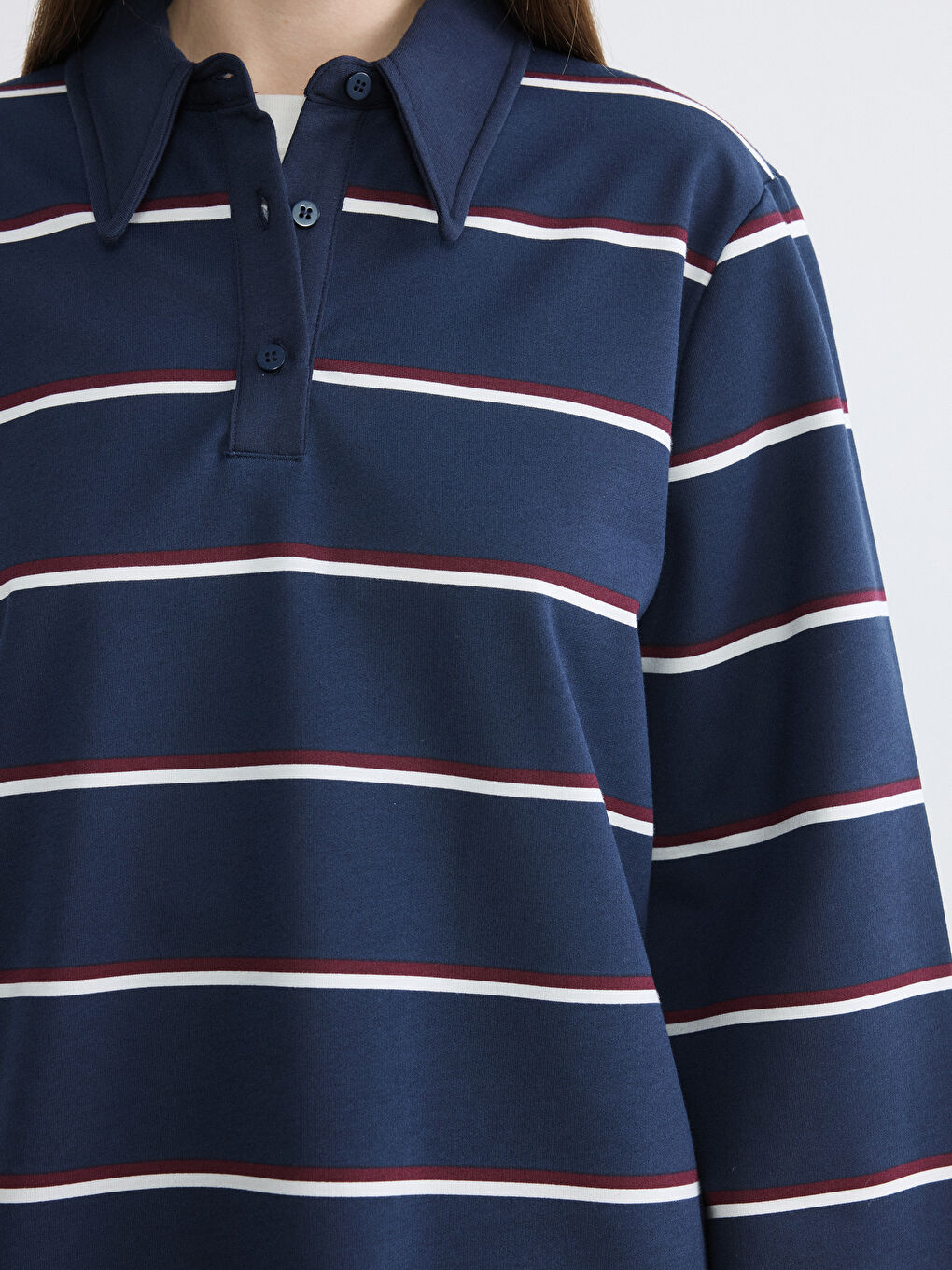 Lacivert Polo Yaka Çizgili Oversize Kadın Tunik-2
