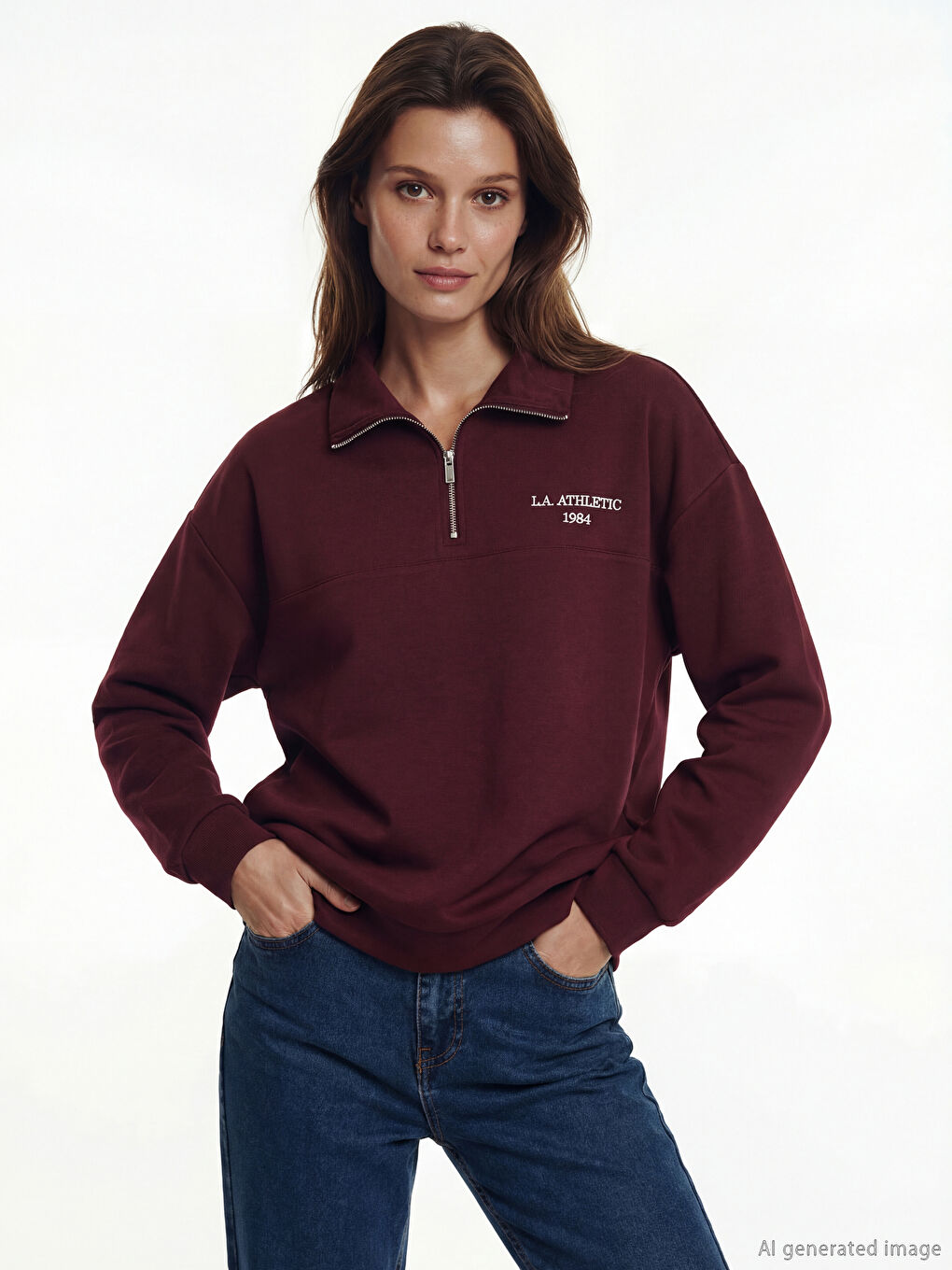 Mock Neck Embroidered Oversize Women's Sweatshirt Tunic-1