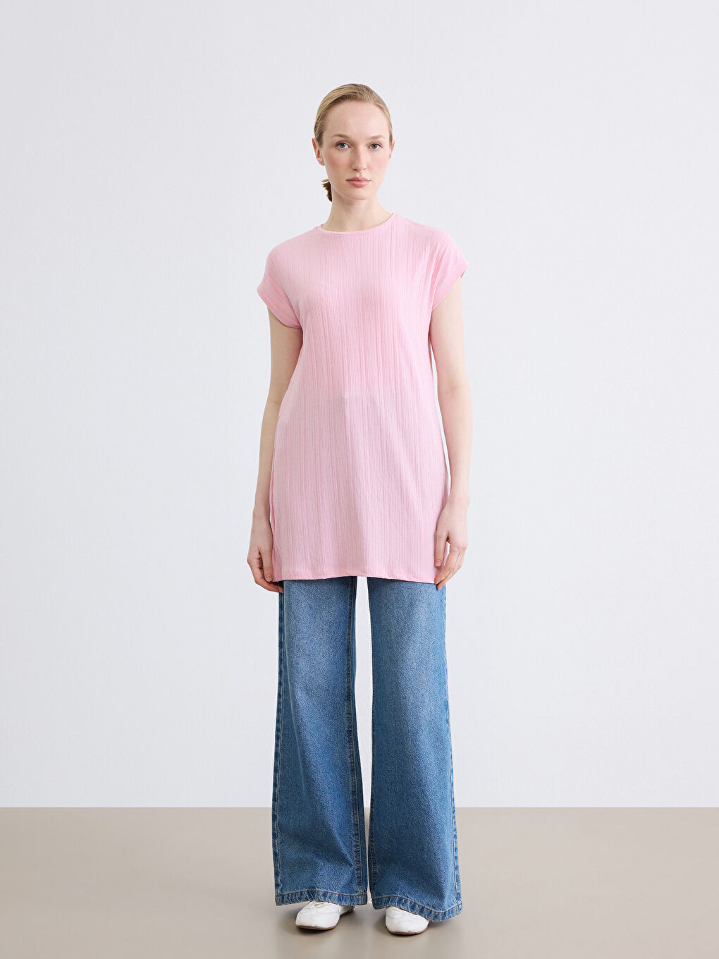 Pembe Bisiklet Yaka Çizgili Kadın Tunik-1