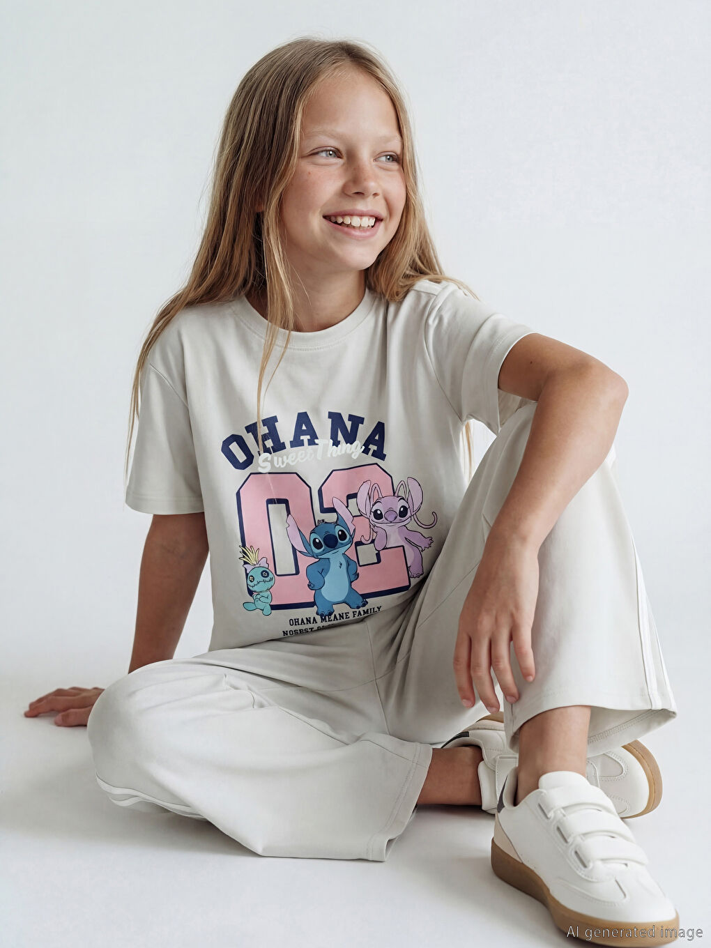 Stitch and Angel Printed Girls' T-Shirt and Sweatpants-1