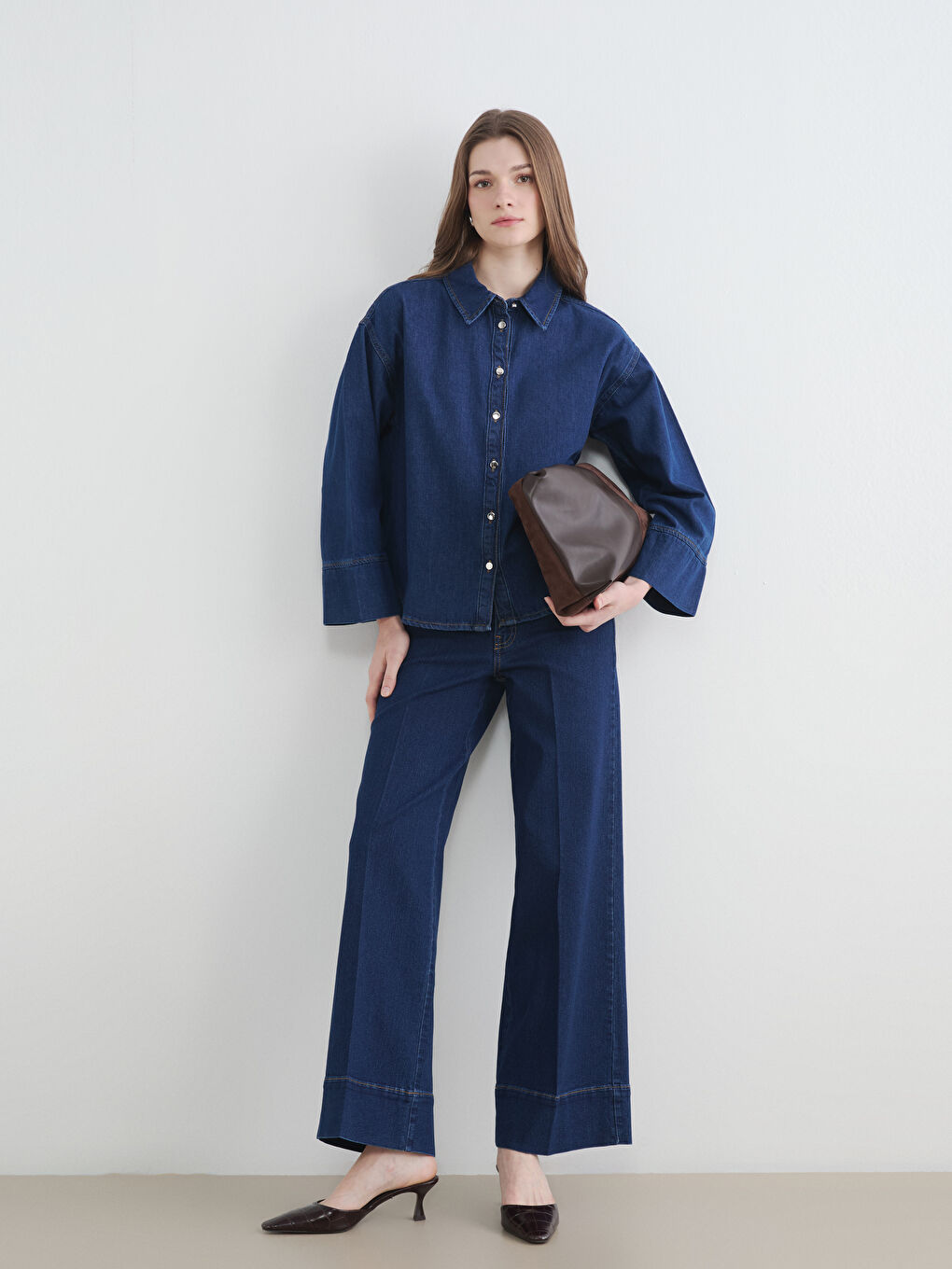 İndigo Yüksek Bel Wideleg Fit Kadın Jean Pantolon