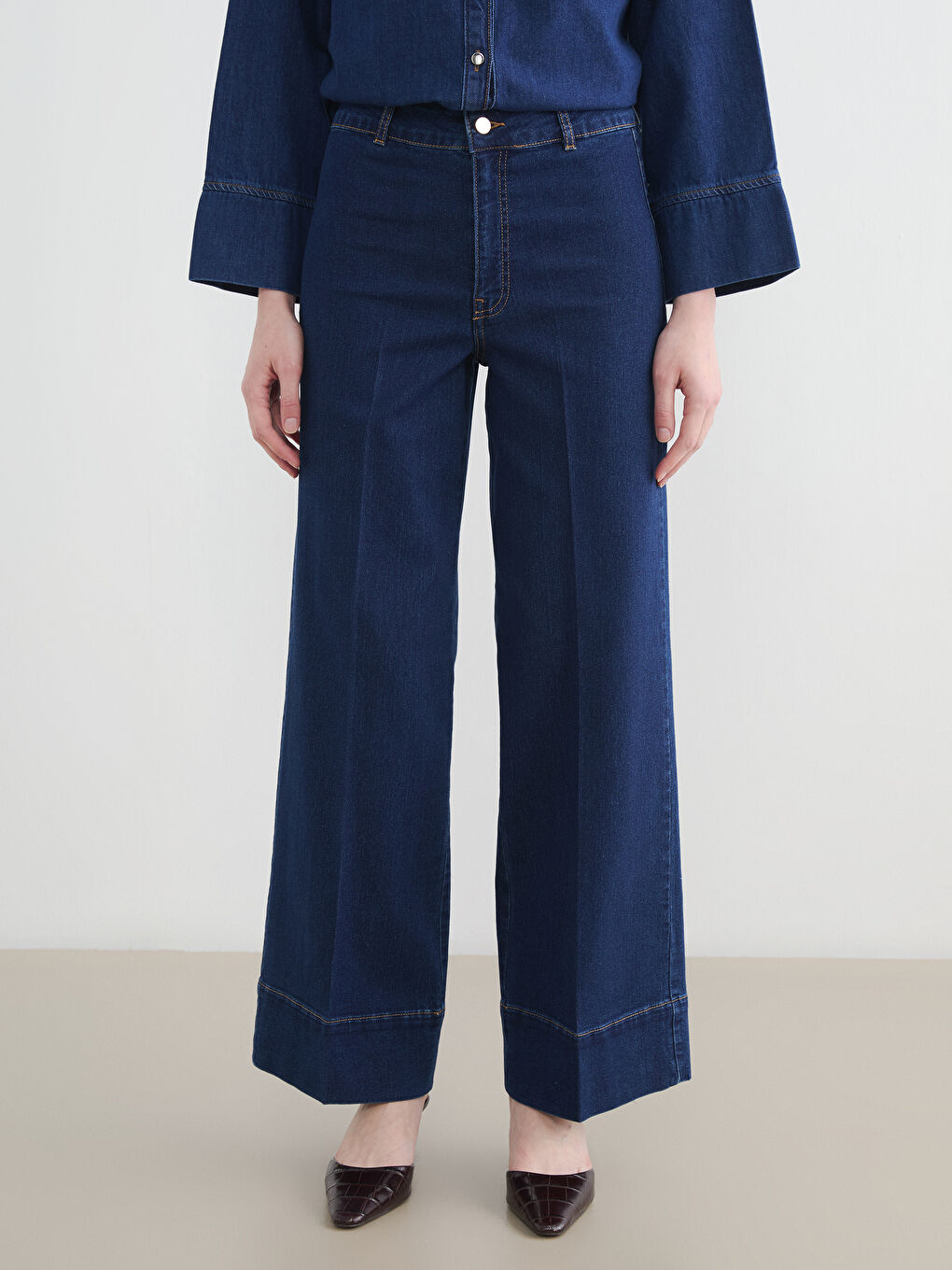 İndigo Yüksek Bel Wideleg Fit Kadın Jean Pantolon-1
