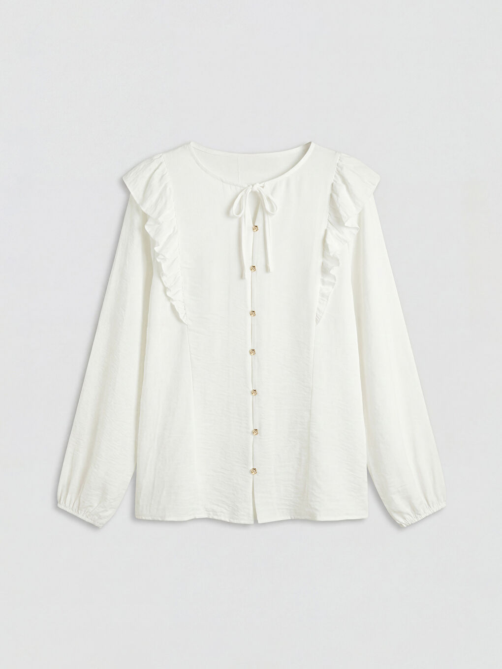 Bej Bağlamalı Yaka Fırfırlı Bluz