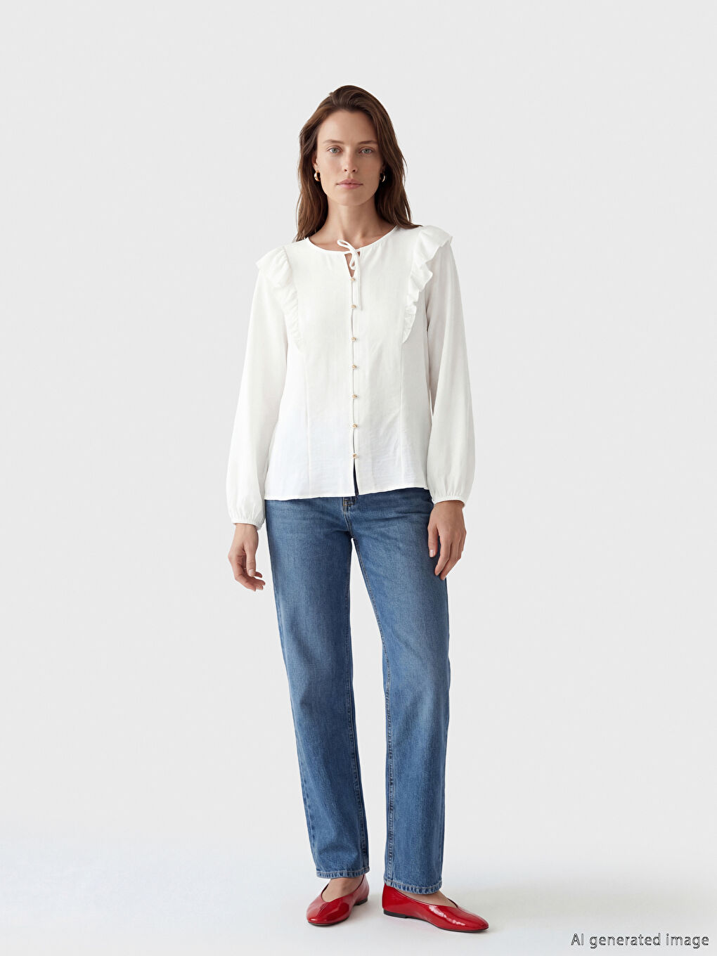 Bluză cu Guler cu Panglică și Volănașe-1