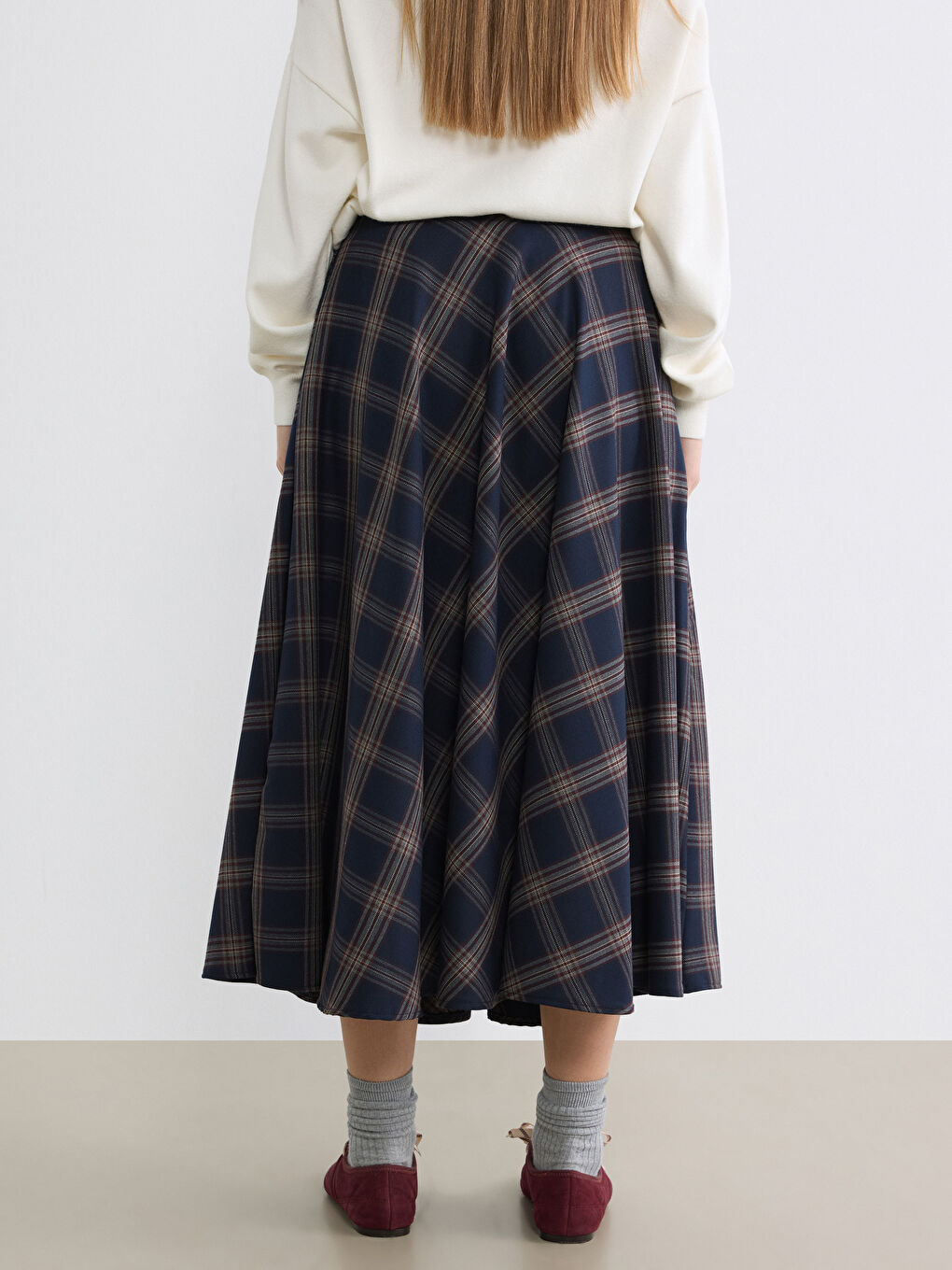 Lacivert Beli Fermuarlı Ekose Kloş Etek-3