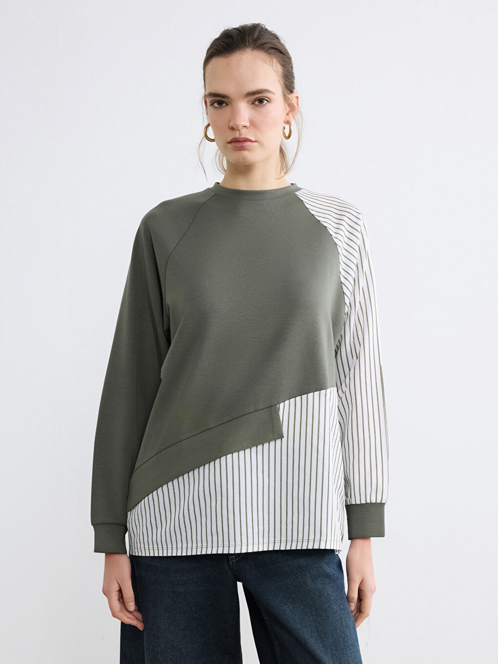 Haki Bisiklet Yaka Çizgili Kadın Sweatshirt Tunik