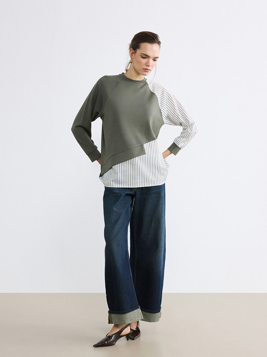 Haki Bisiklet Yaka Çizgili Kadın Sweatshirt Tunik-1