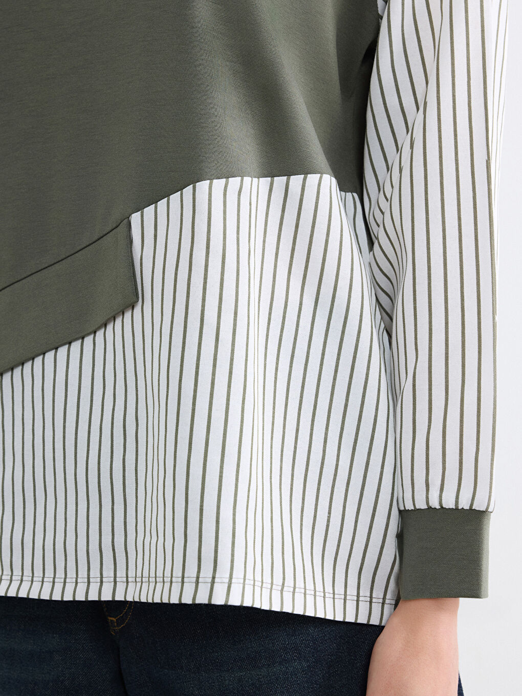 Haki Bisiklet Yaka Çizgili Kadın Sweatshirt Tunik-2