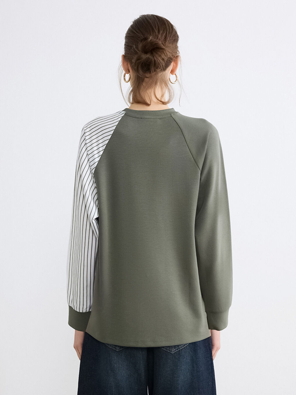 Haki Bisiklet Yaka Çizgili Kadın Sweatshirt Tunik-3