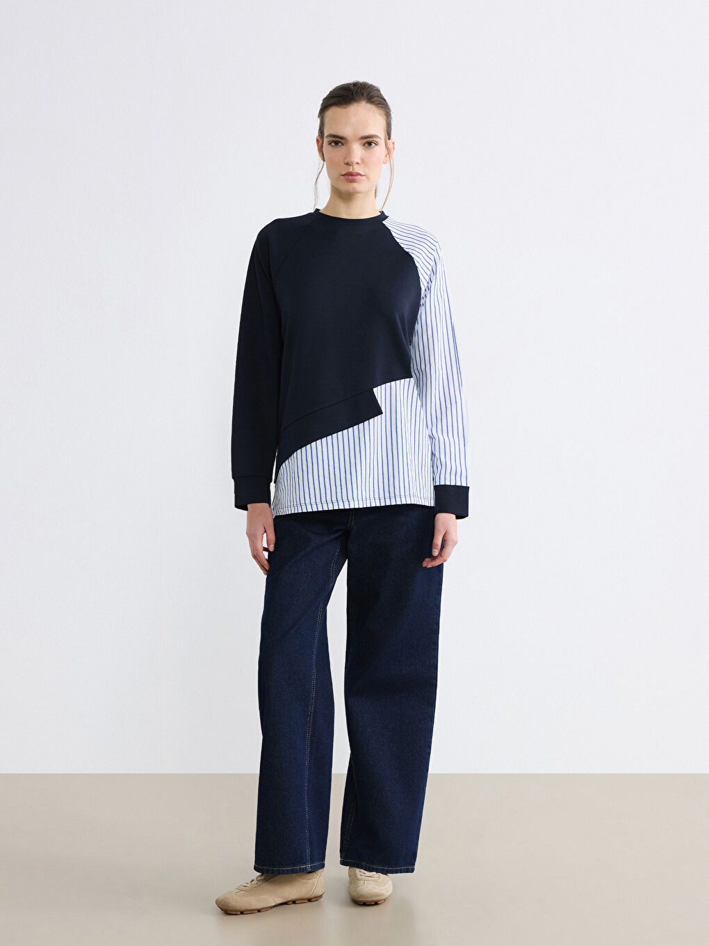 Lacivert Bisiklet Yaka Çizgili Kadın Sweatshirt Tunik-1