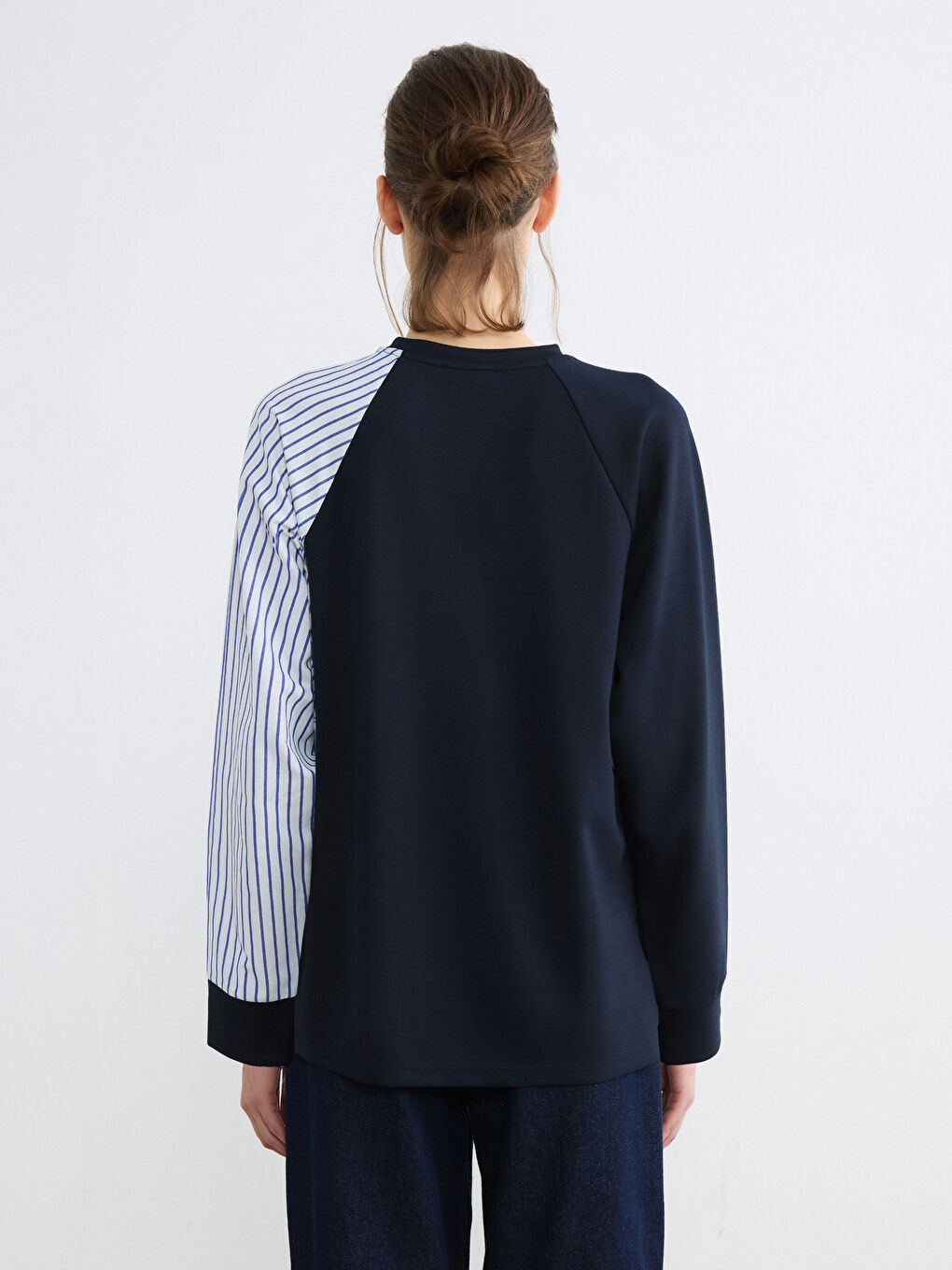 Lacivert Bisiklet Yaka Çizgili Kadın Sweatshirt Tunik-3