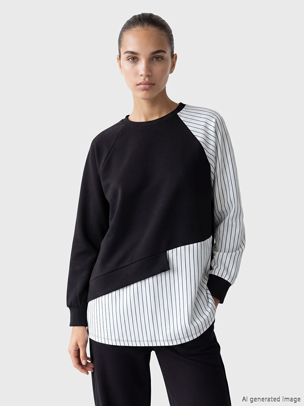 Siyah Bisiklet Yaka Çizgili Kadın Sweatshirt Tunik-1