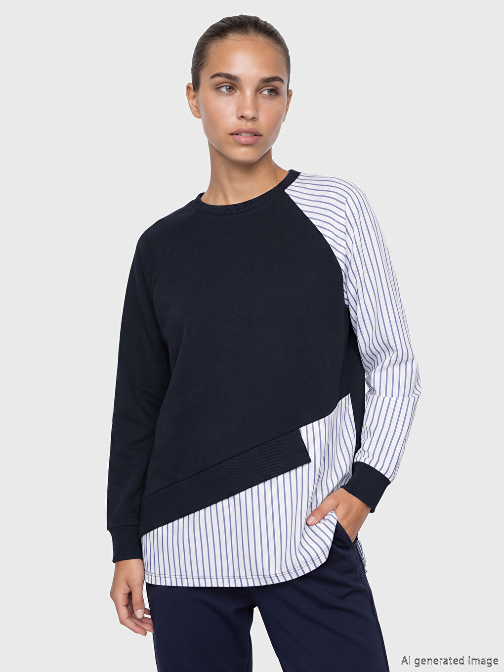 Lacivert Bisiklet Yaka Çizgili Kadın Sweatshirt Tunik-1