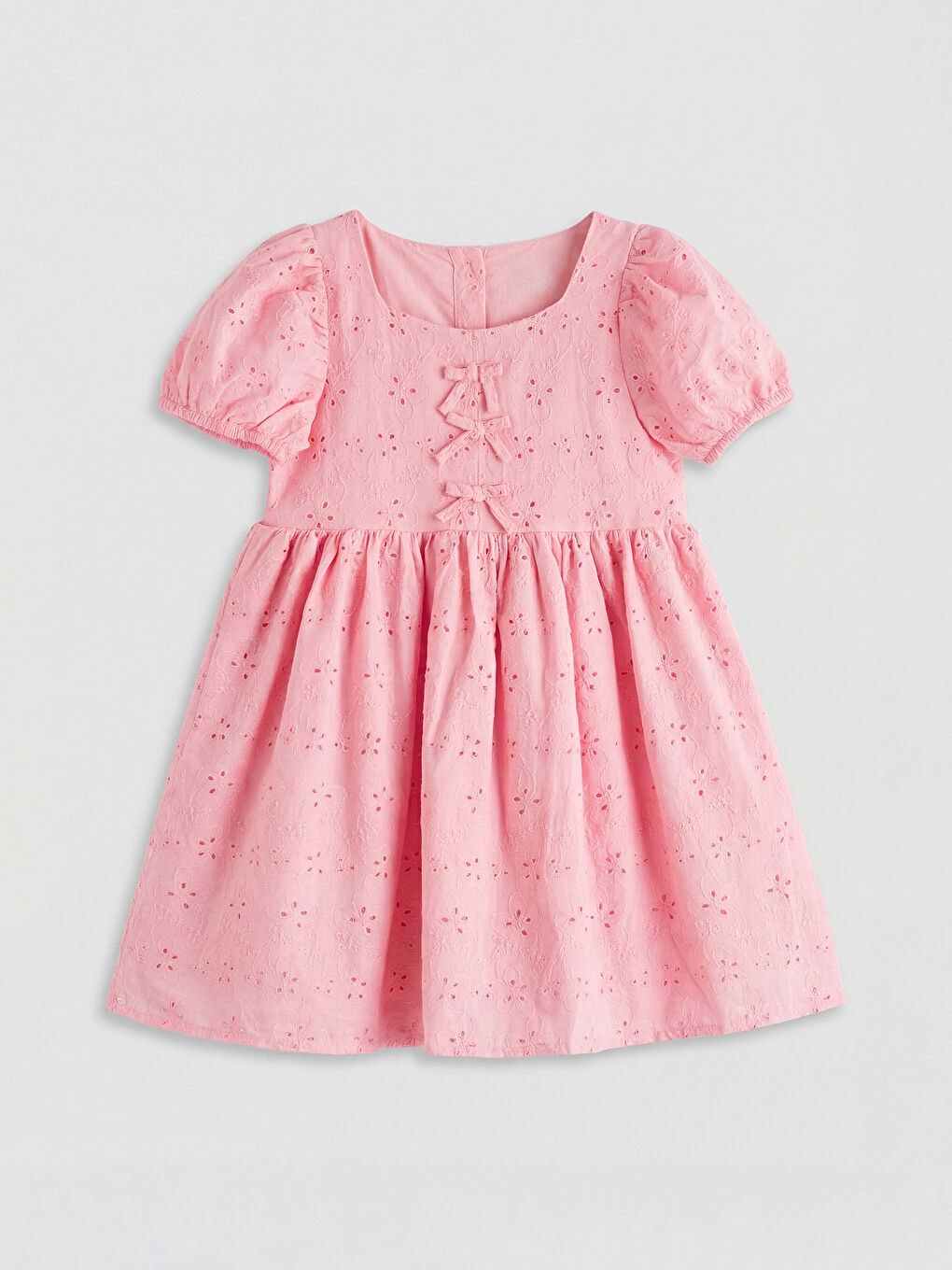 Pembe Kare Yaka Ajurlu Kız Çocuk Elbise	