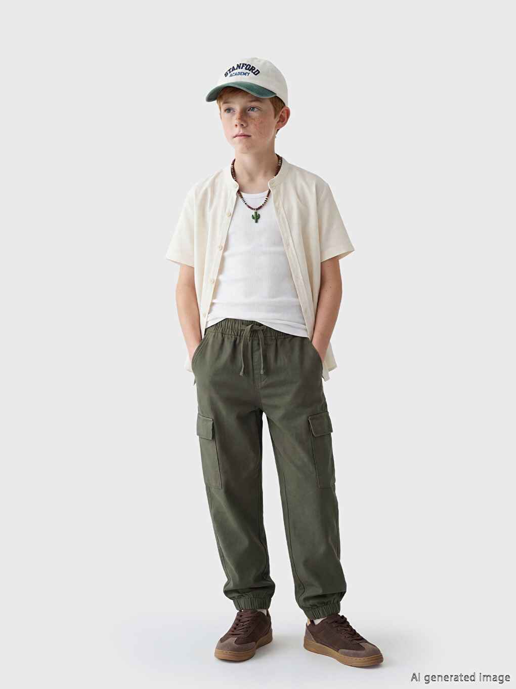 Haki Beli Lastikli Erkek Çocuk Jogger Kargo Pantolon-1