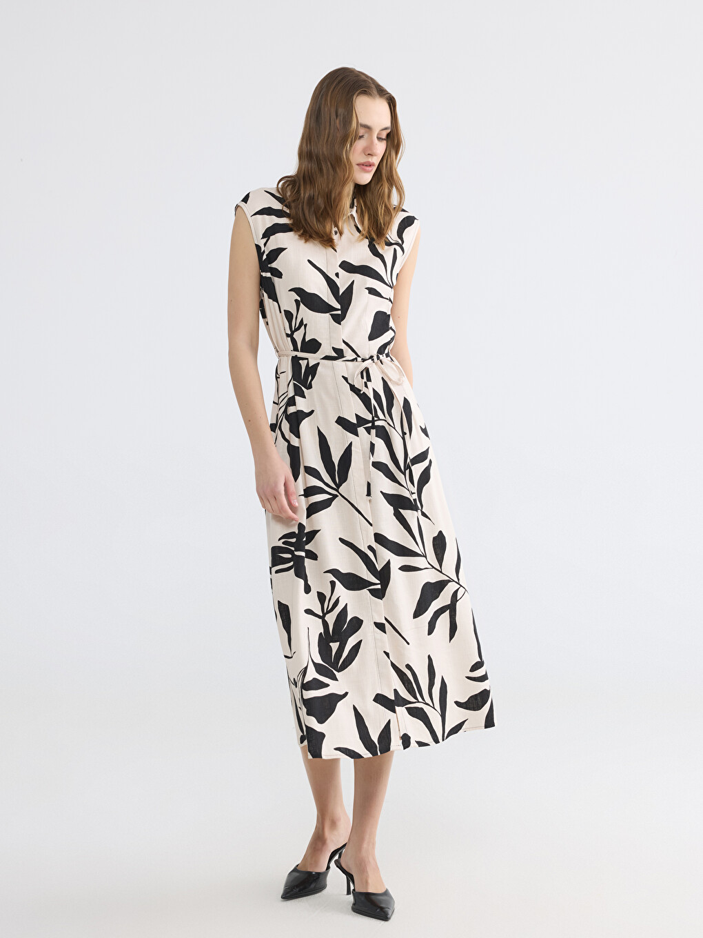 Sash Belted Linen Blend Shirt Dress