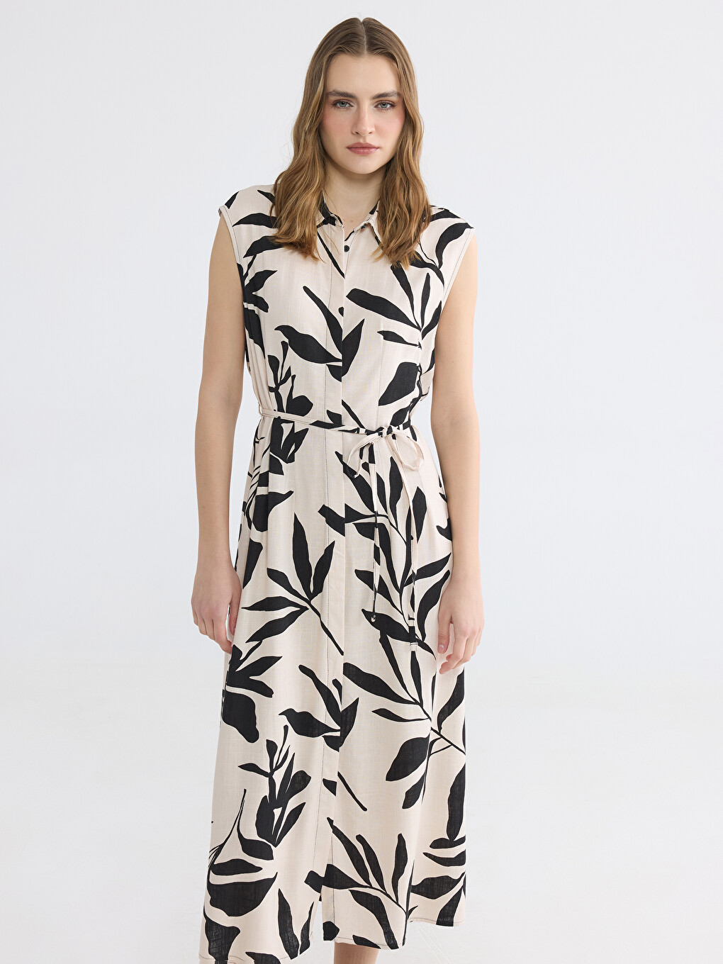Sash Belted Linen Blend Shirt Dress-1