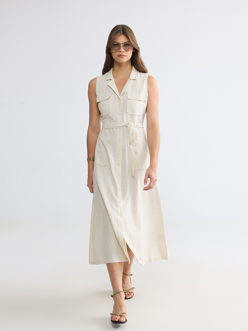 Robe chemise en mélange de lin à taille ceinturée