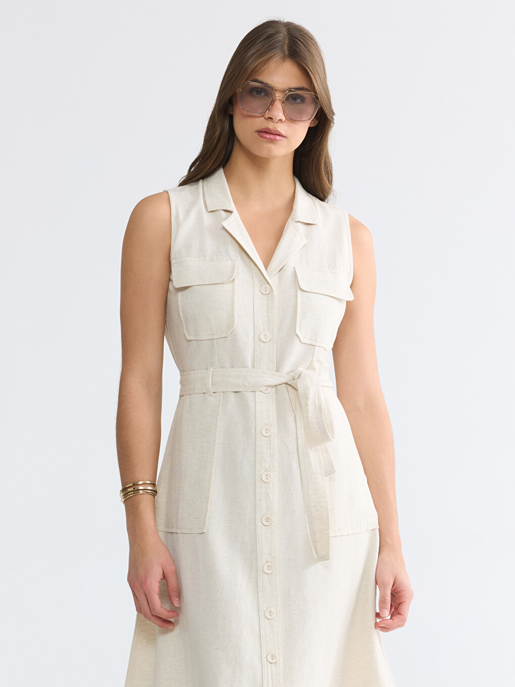 Robe chemise en mélange de lin à taille ceinturée-1