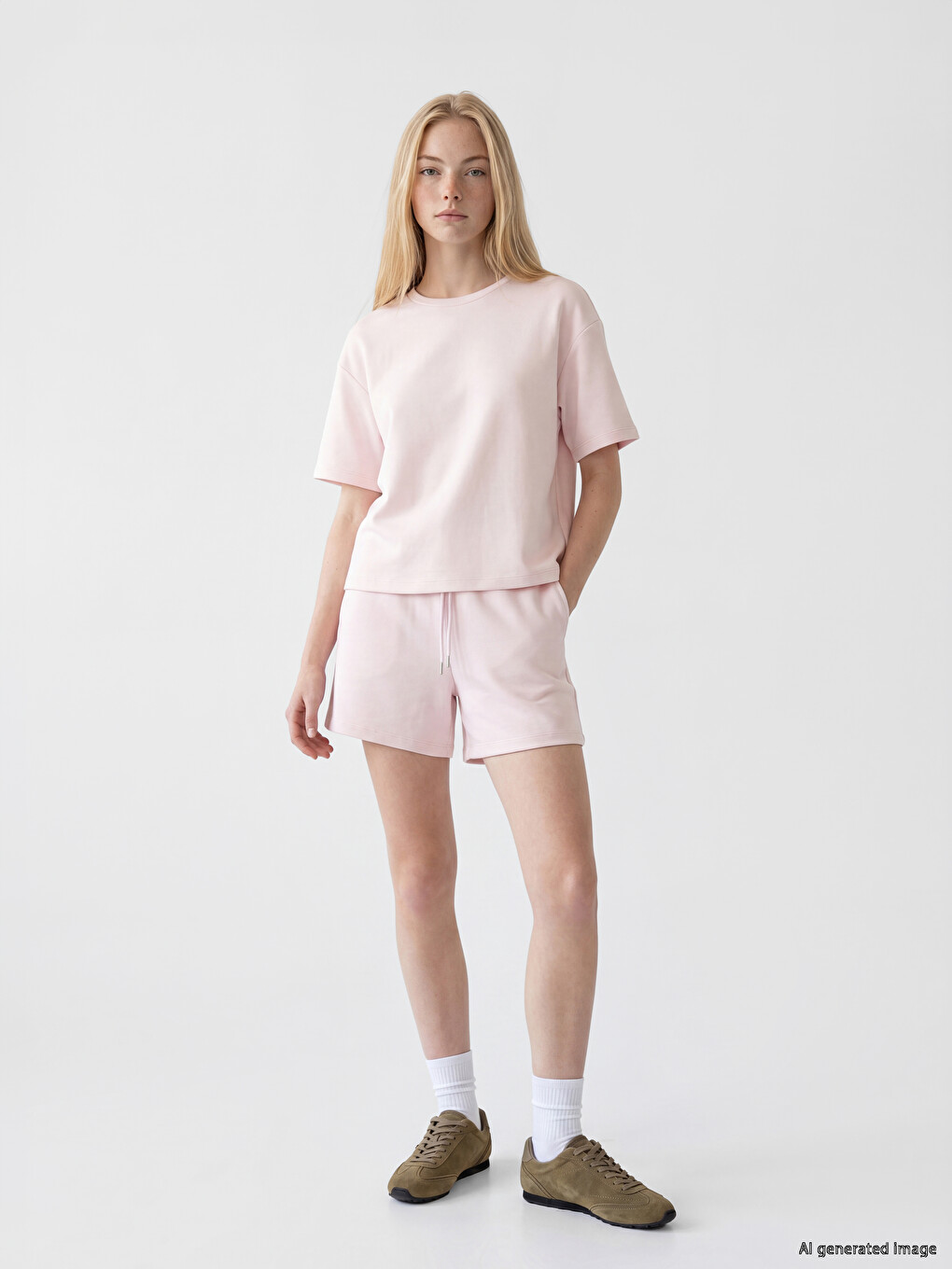 Pembe Bisiklet Yaka Soft Touch Kadın Tişört-1