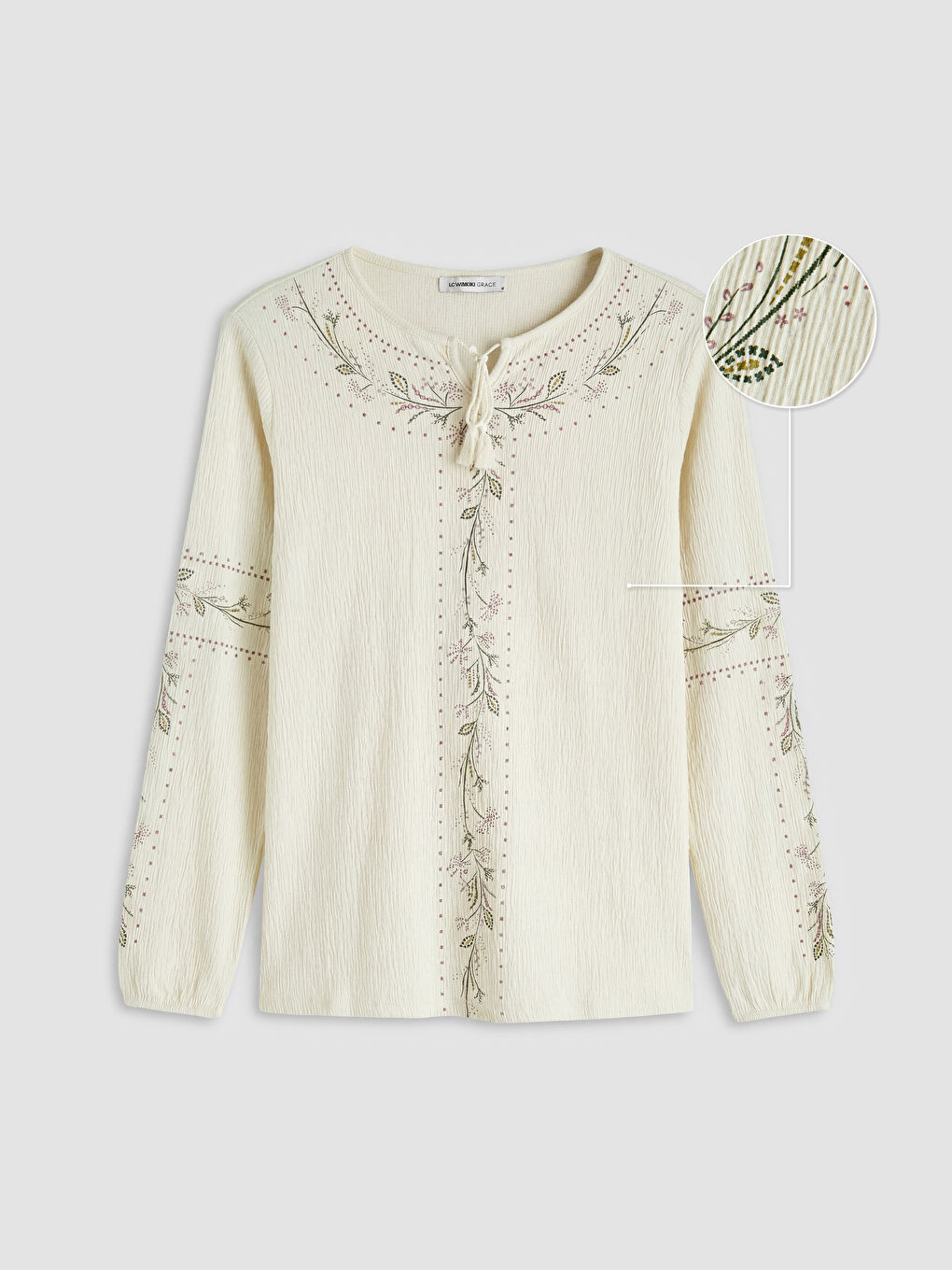 Bej Bisiklet Yaka Desenli Bluz