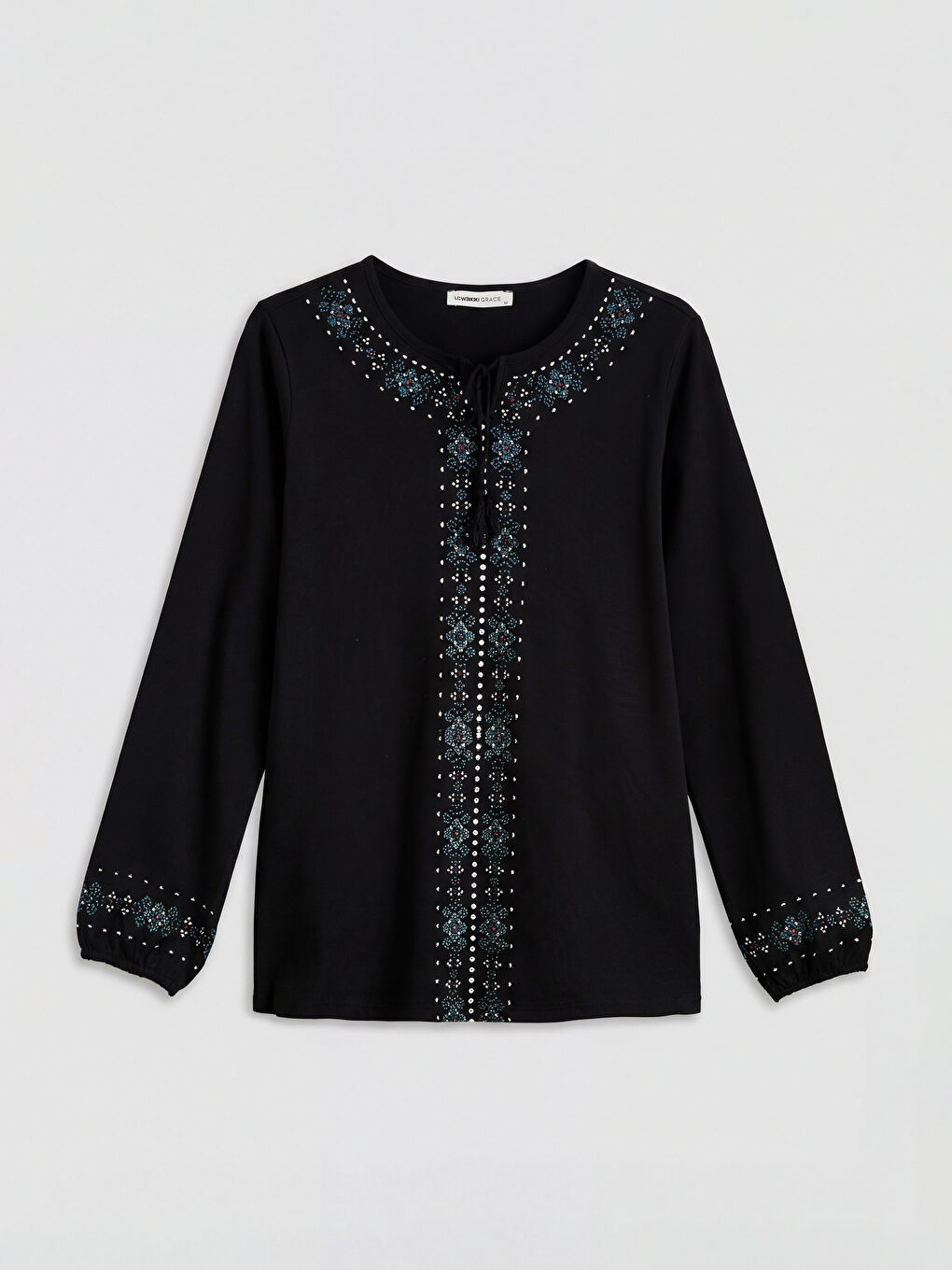 Siyah Bağlamalı Yaka Desenli Bluz-4