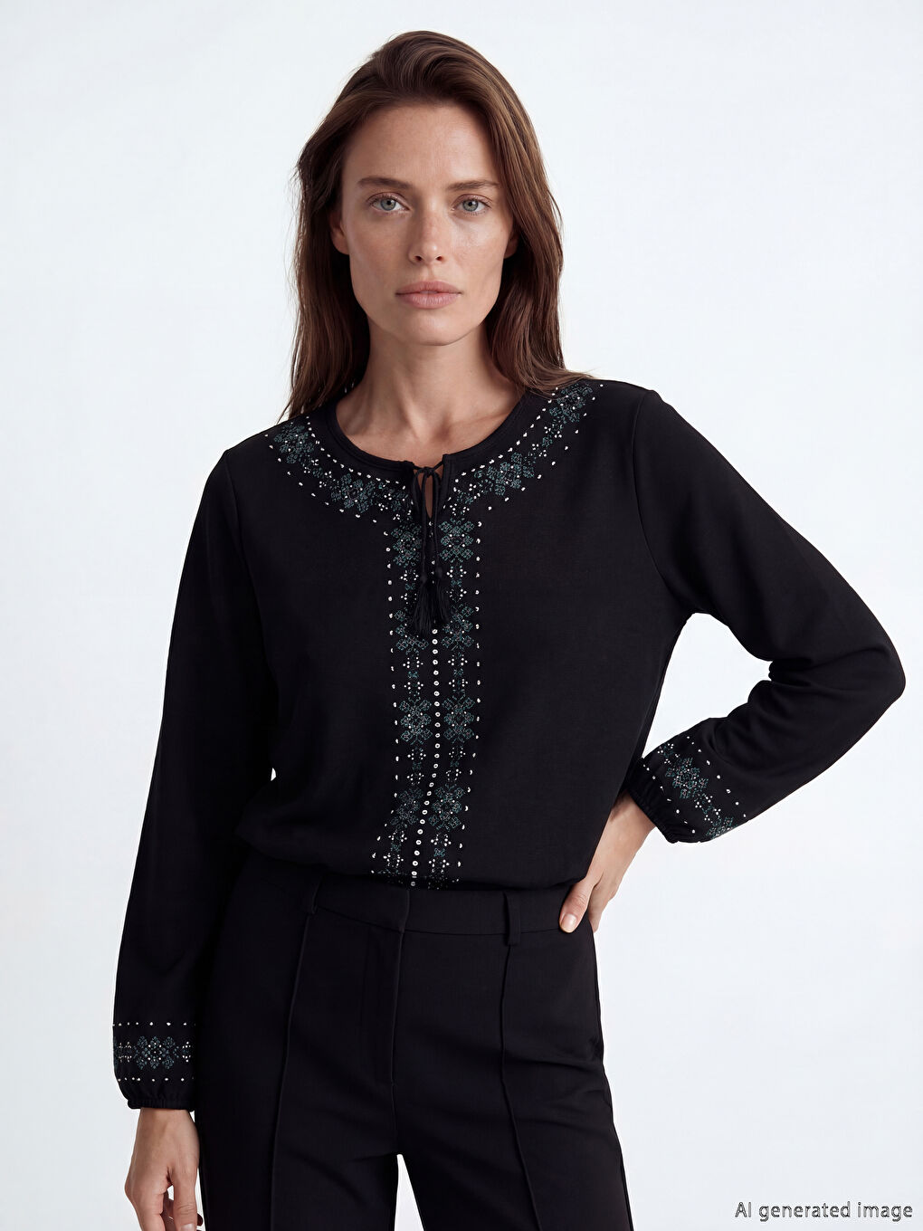 Siyah Bağlamalı Yaka Desenli Bluz