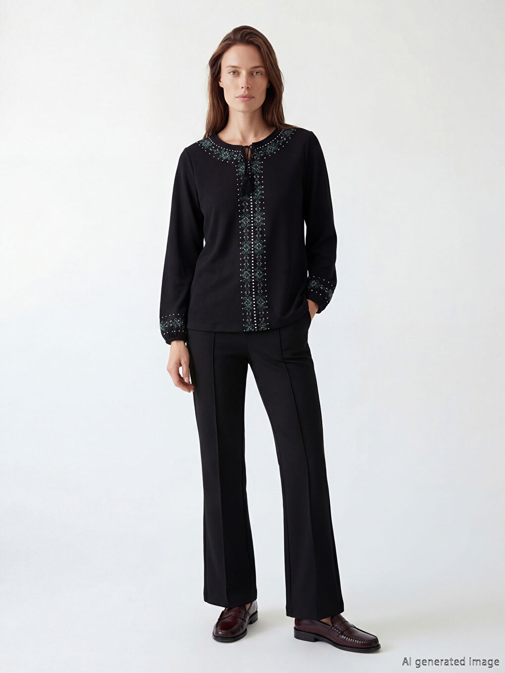 Siyah Bağlamalı Yaka Desenli Bluz-1