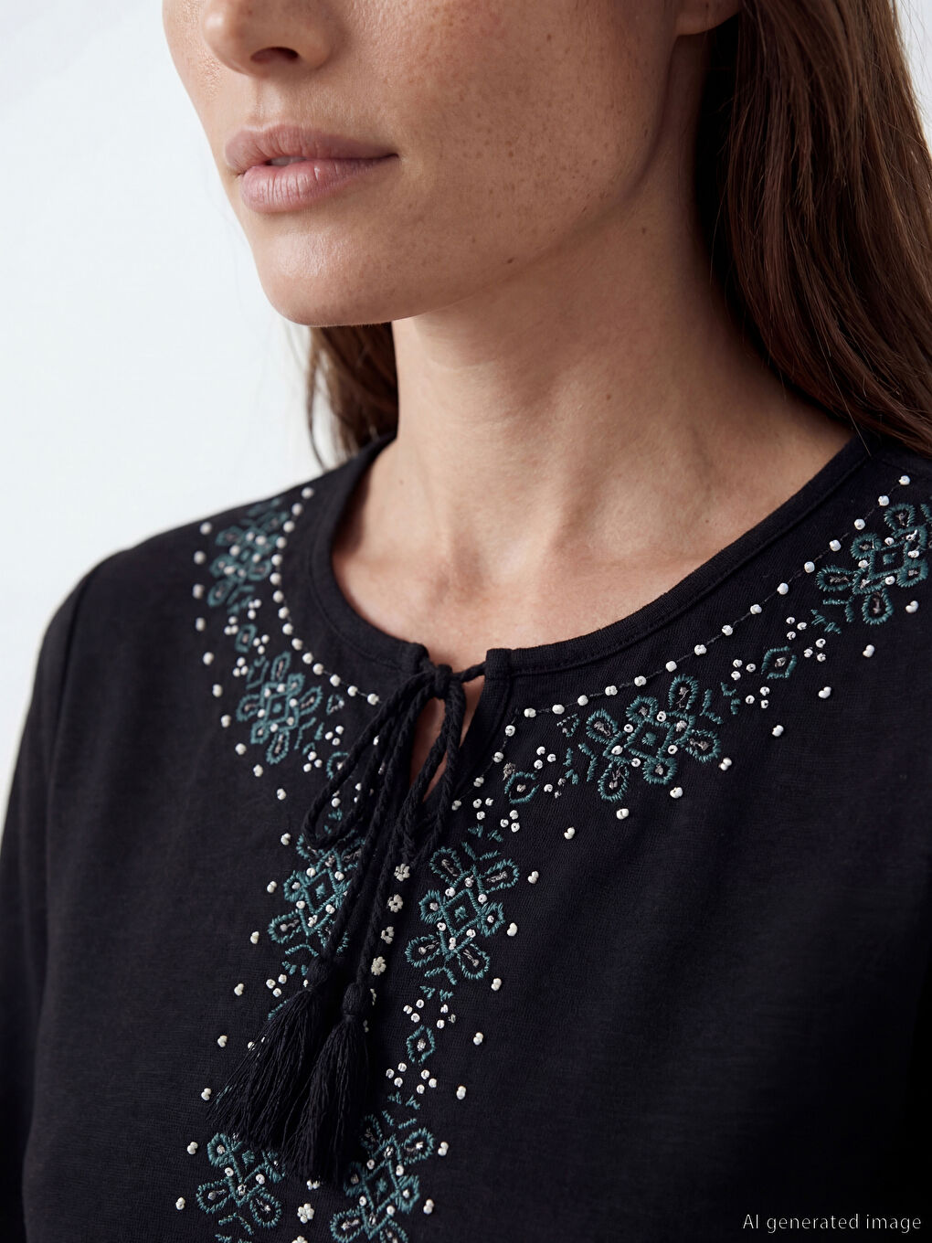 Siyah Bağlamalı Yaka Desenli Bluz-2