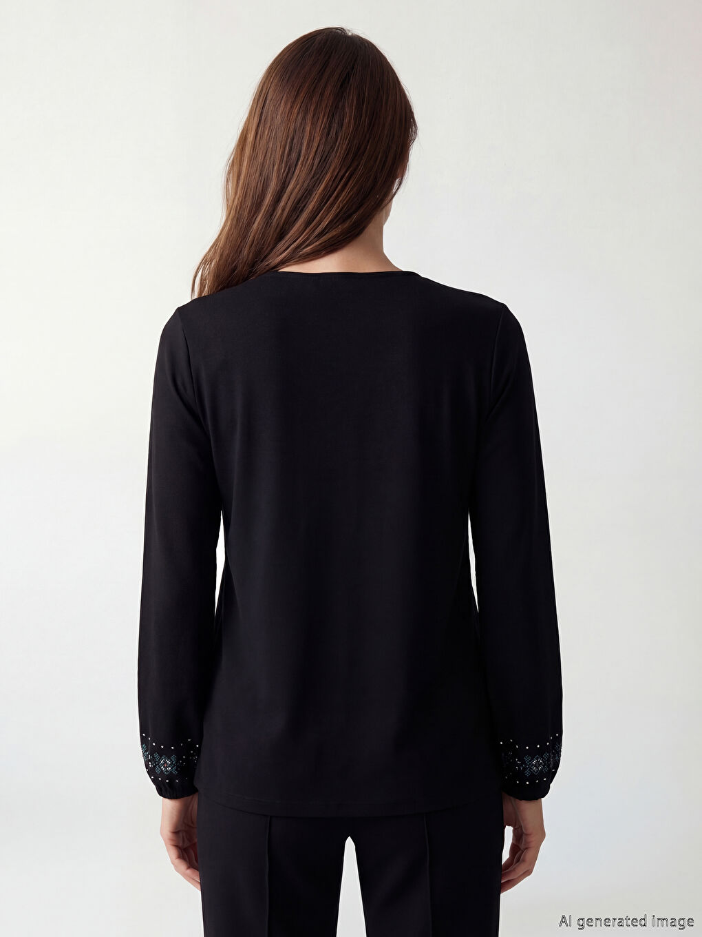 Siyah Bağlamalı Yaka Desenli Bluz-3