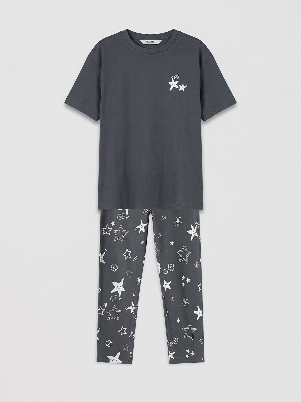 Gri Bisiklet Yaka Desenli Kız Çocuk Pijama Takım