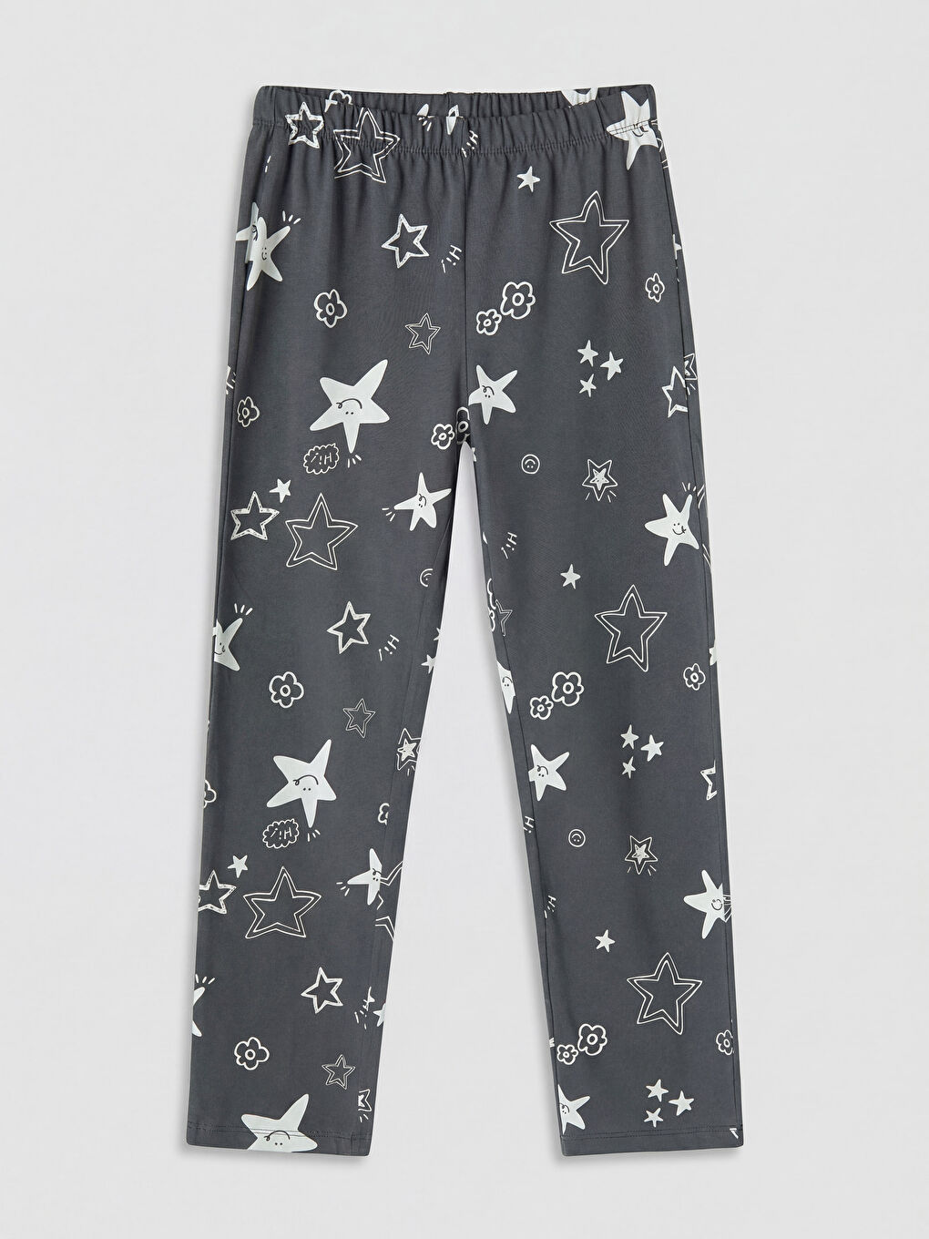 Gri Bisiklet Yaka Desenli Kız Çocuk Pijama Takım-3