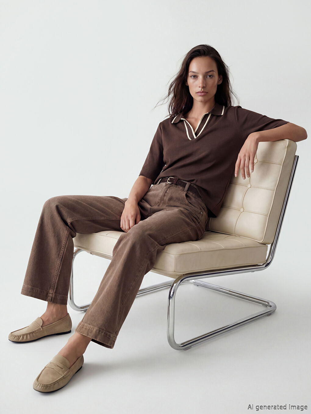 Kahverengi Polo Yaka Soft Touch Kadın Tişört