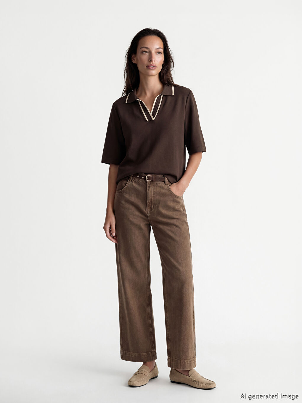 Kahverengi Polo Yaka Soft Touch Kadın Tişört-1