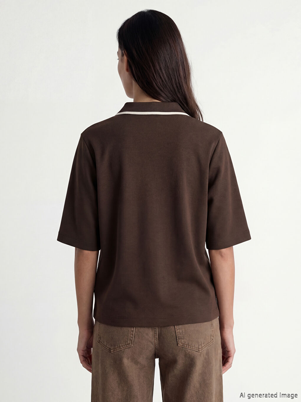 Kahverengi Polo Yaka Soft Touch Kadın Tişört-2