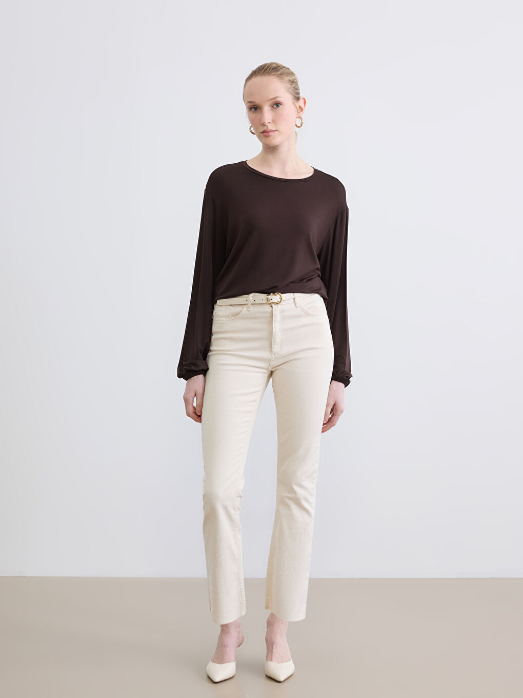 Kahverengi Bisiklet Yaka Balon Kollu Oversize Bluz-1