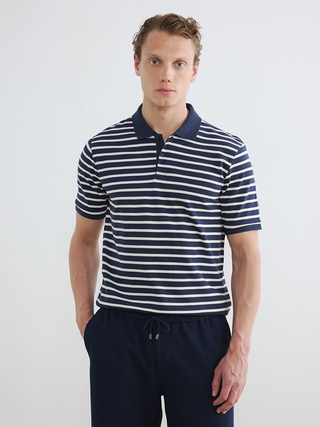 Lacivert Polo Yaka Çizgili Erkek Tişört