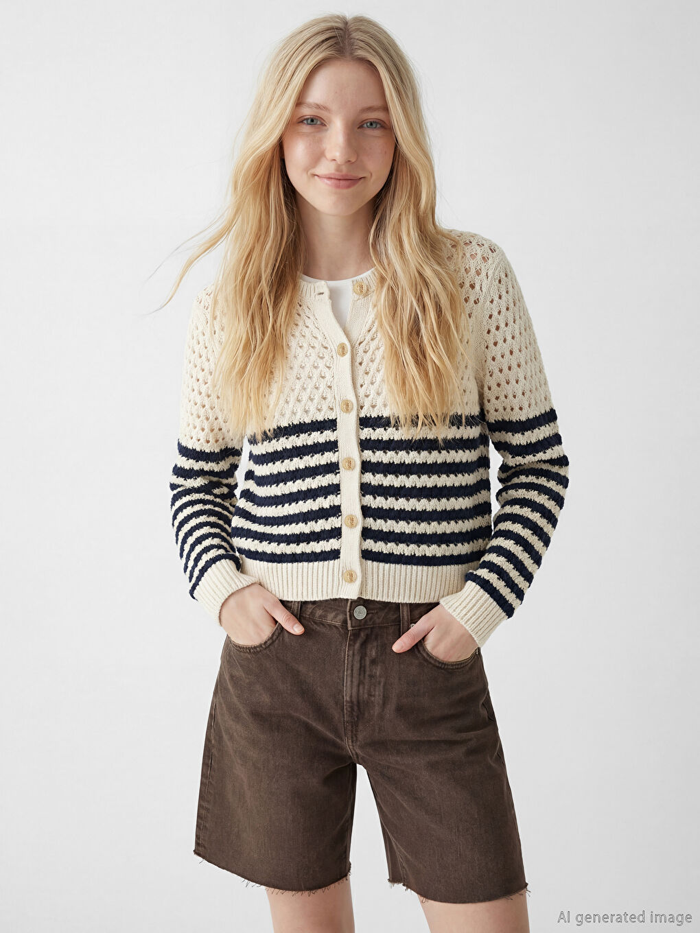 Lacivert Bisiklet Yaka Ajurlu Kadın Triko Hırka