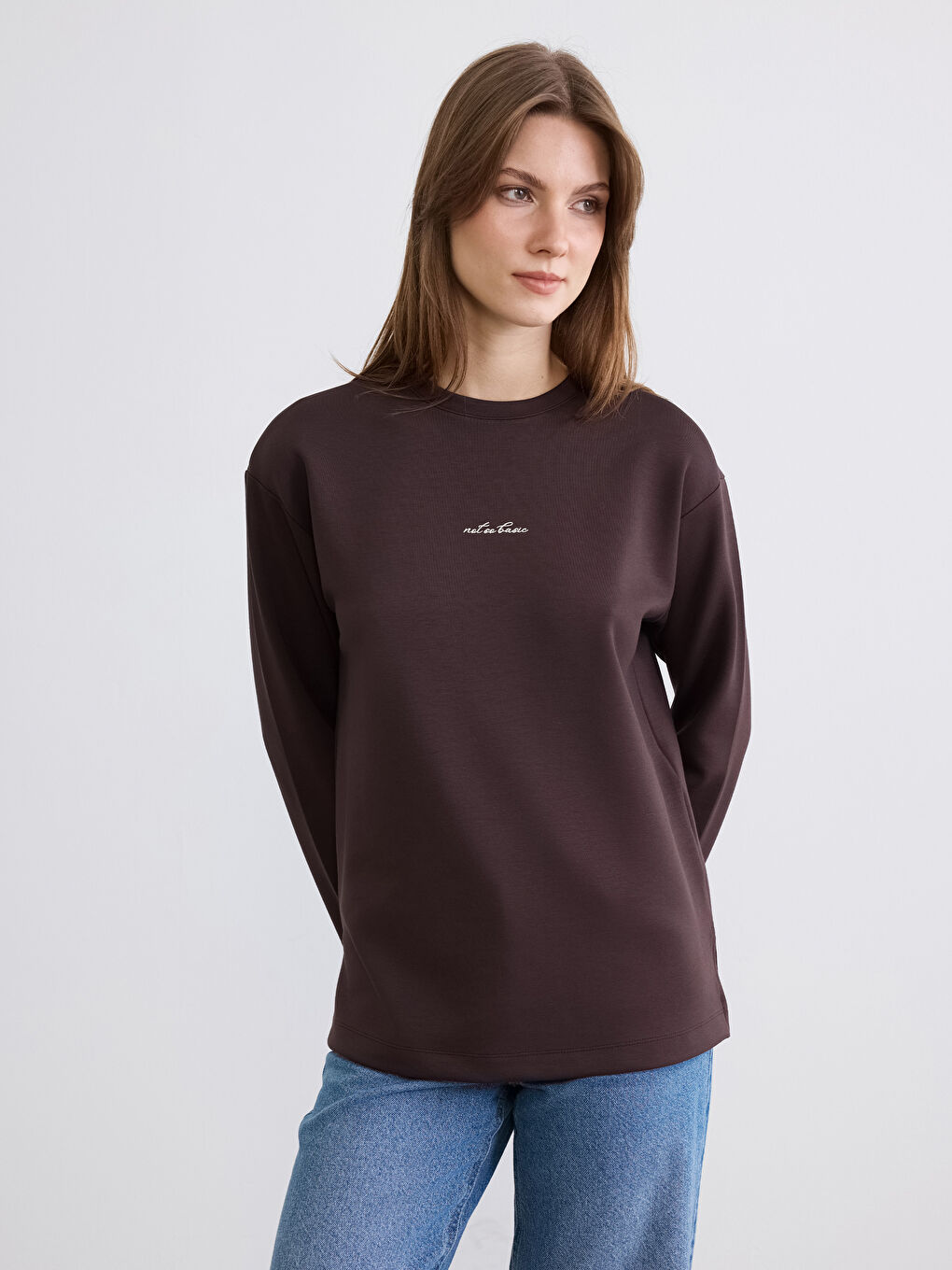 Kahverengi Bisiklet Yaka Baskılı Soft Touch Kadın Sweatshirt