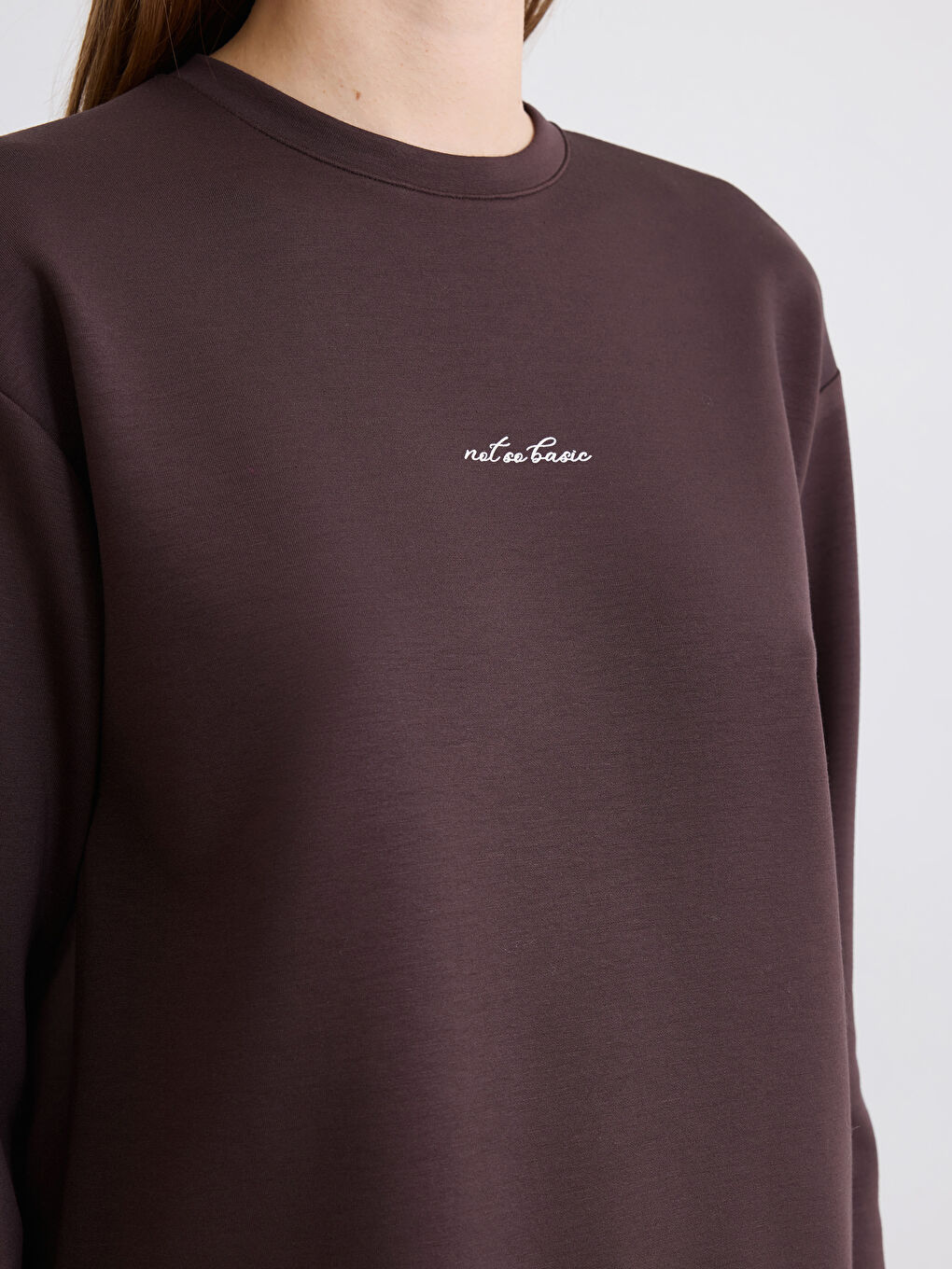 Kahverengi Bisiklet Yaka Baskılı Soft Touch Kadın Sweatshirt-2