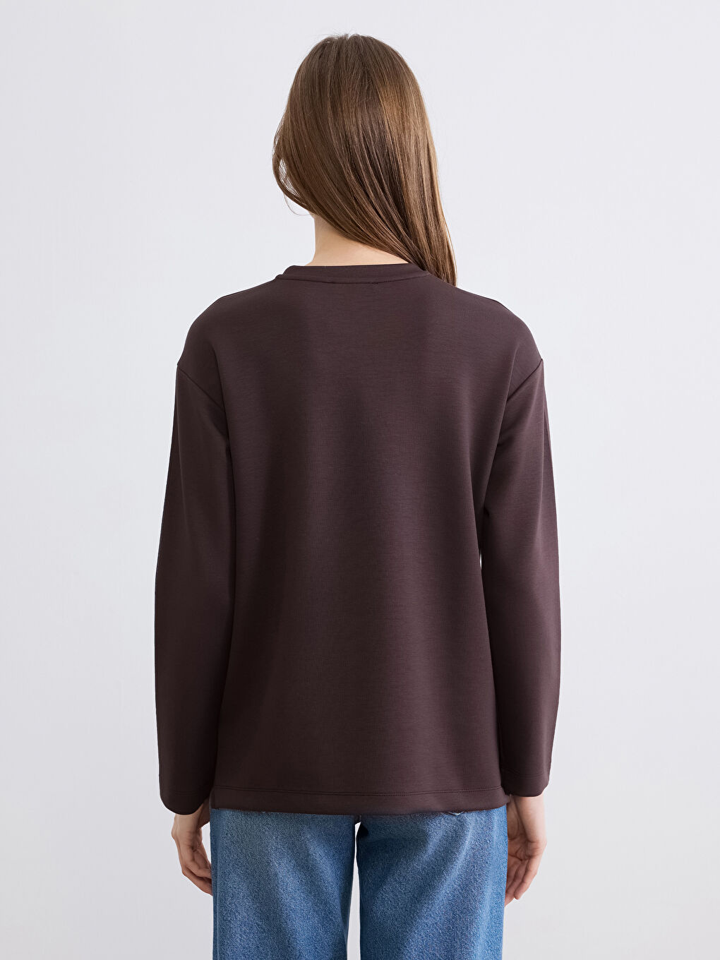 Kahverengi Bisiklet Yaka Baskılı Soft Touch Kadın Sweatshirt-3