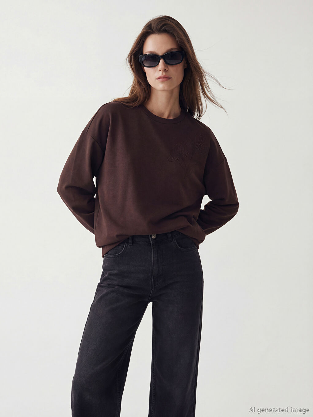 Kahverengi Bisiklet Yaka Nakışlı Kadın Sweatshirt Tunik