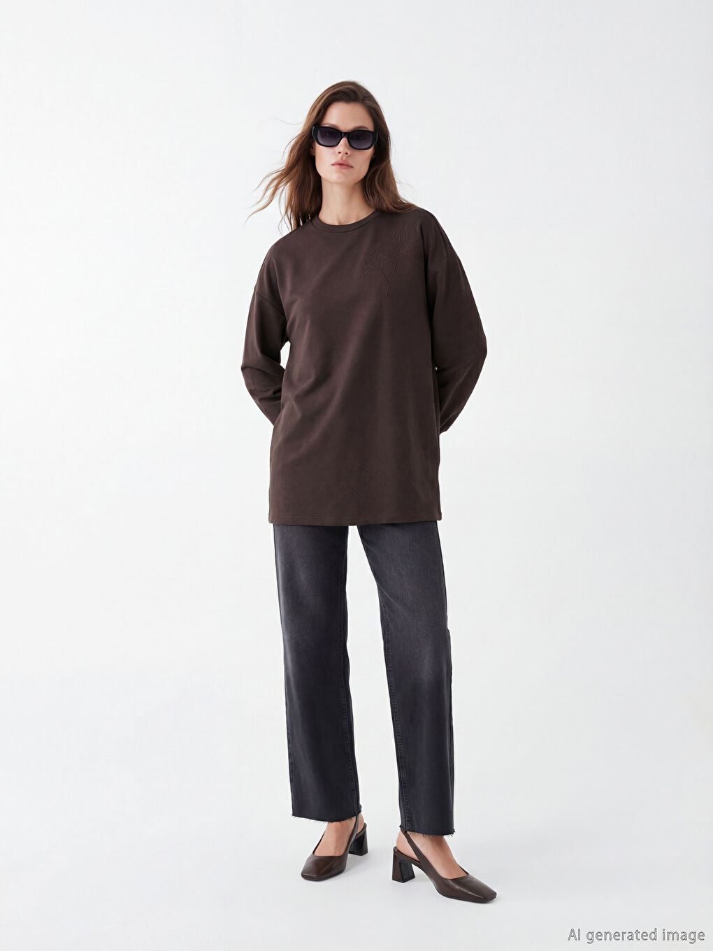 Kahverengi Bisiklet Yaka Nakışlı Kadın Sweatshirt Tunik-1