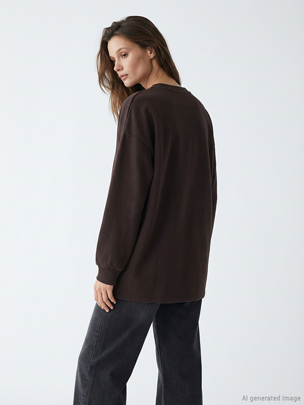 Kahverengi Bisiklet Yaka Nakışlı Kadın Sweatshirt Tunik-2