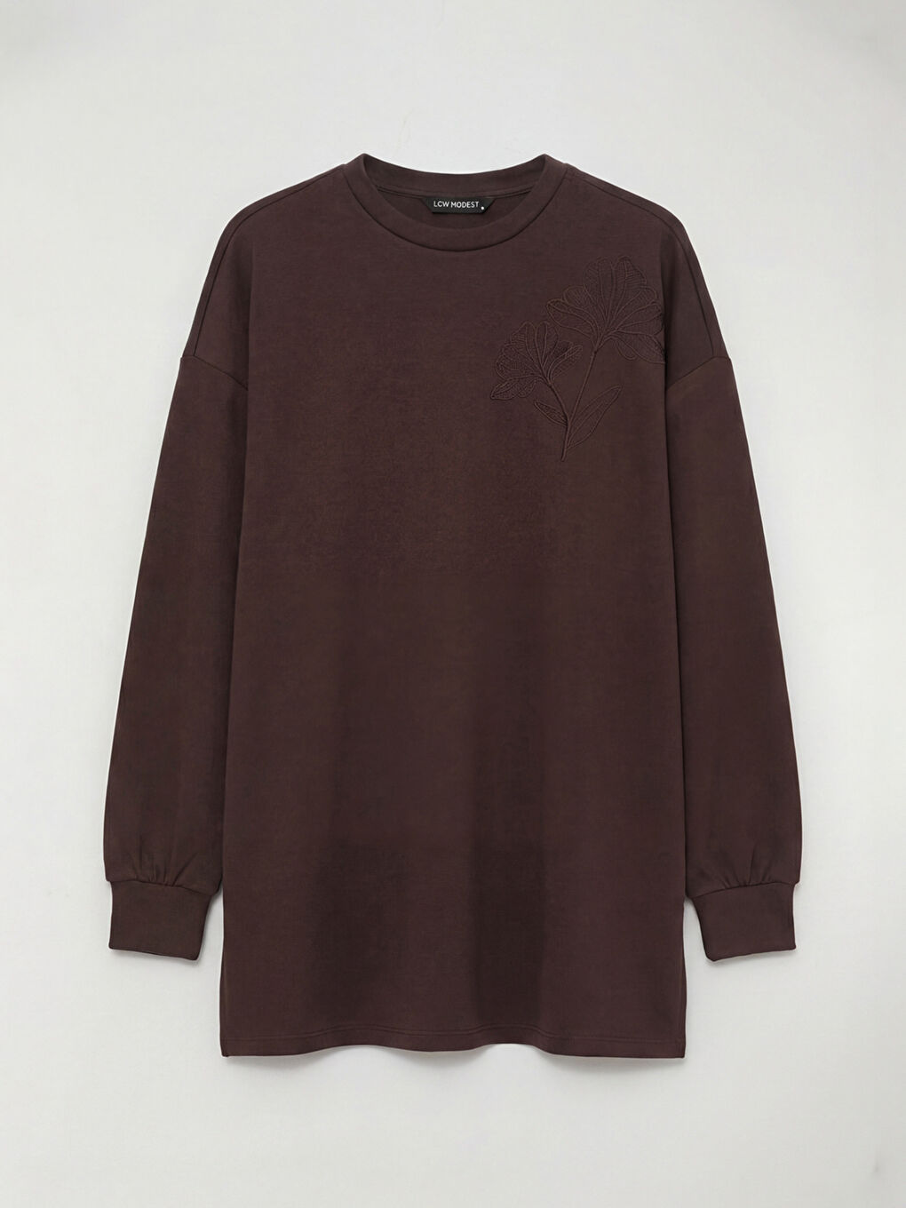 Kahverengi Bisiklet Yaka Nakışlı Kadın Sweatshirt Tunik