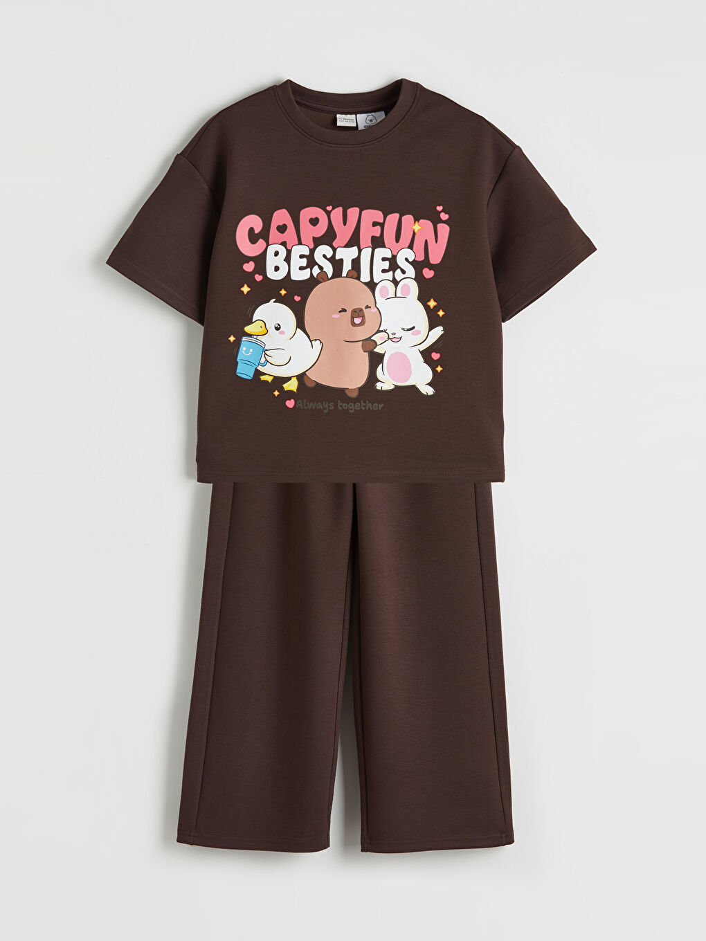 Kahverengi Capyfun Baskılı Kız Çocuk Soft Touch Tişört ve Eşofman Altı-1