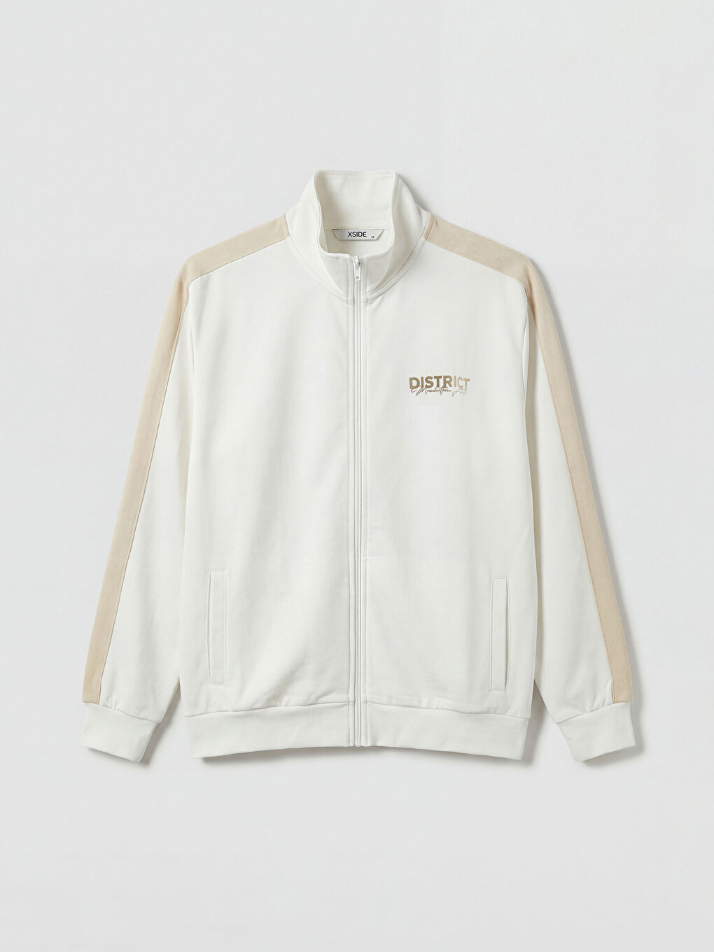 Ekru Dik Yaka Baskılı Erkek Fermuarlı Sweatshirt