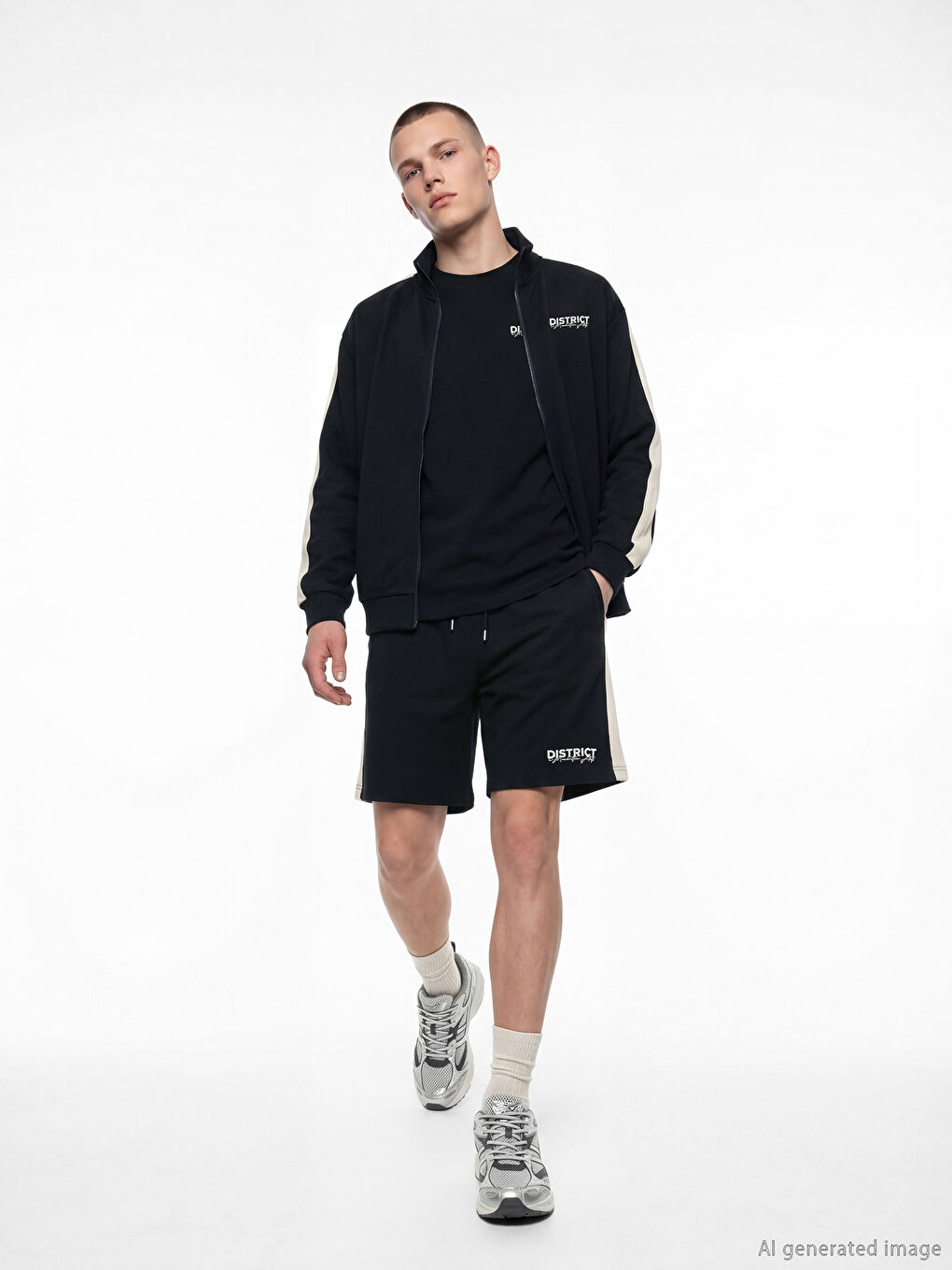 Siyah Dik Yaka Baskılı Erkek Fermuarlı Sweatshirt