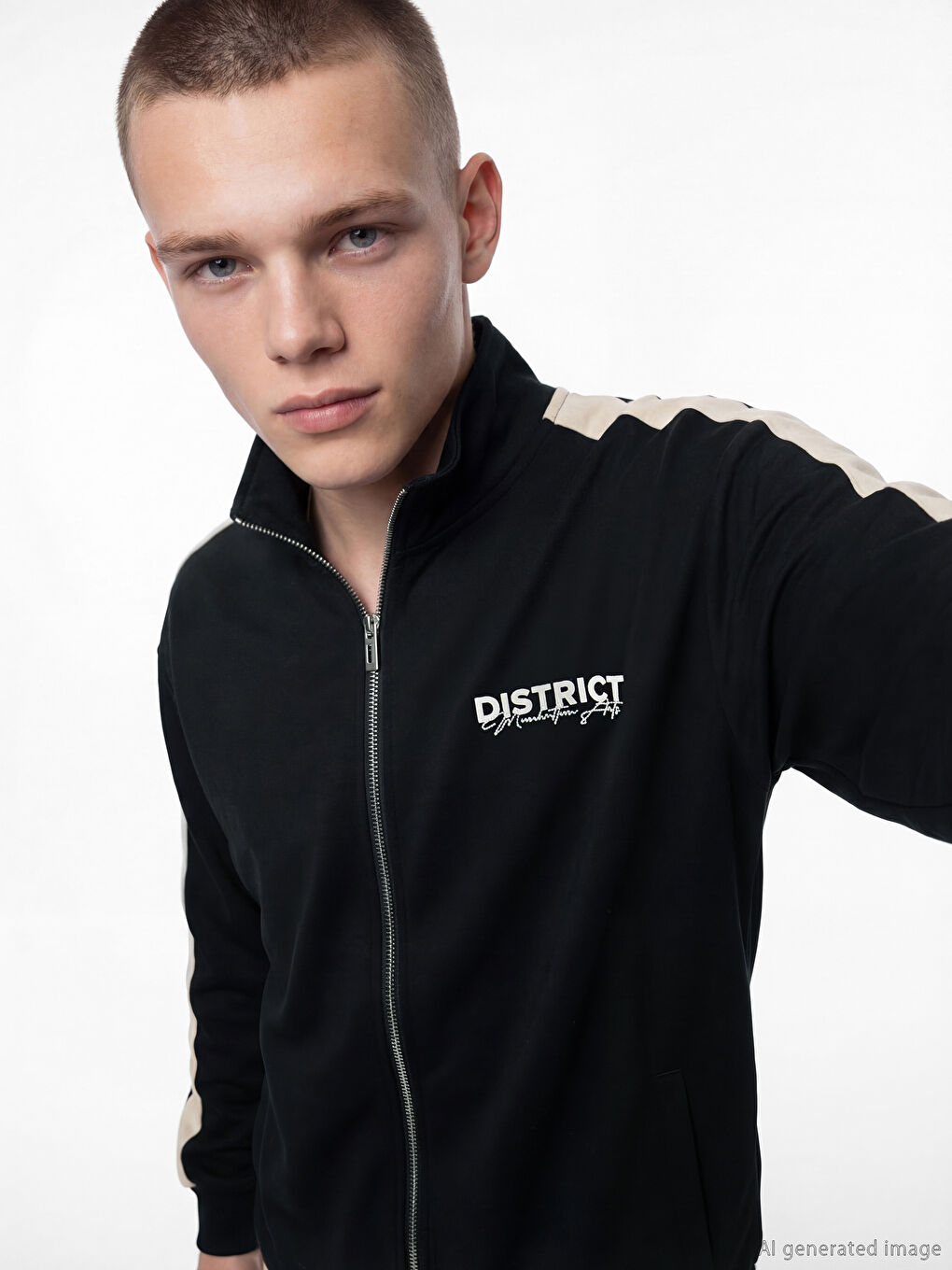 Siyah Dik Yaka Baskılı Erkek Fermuarlı Sweatshirt-1